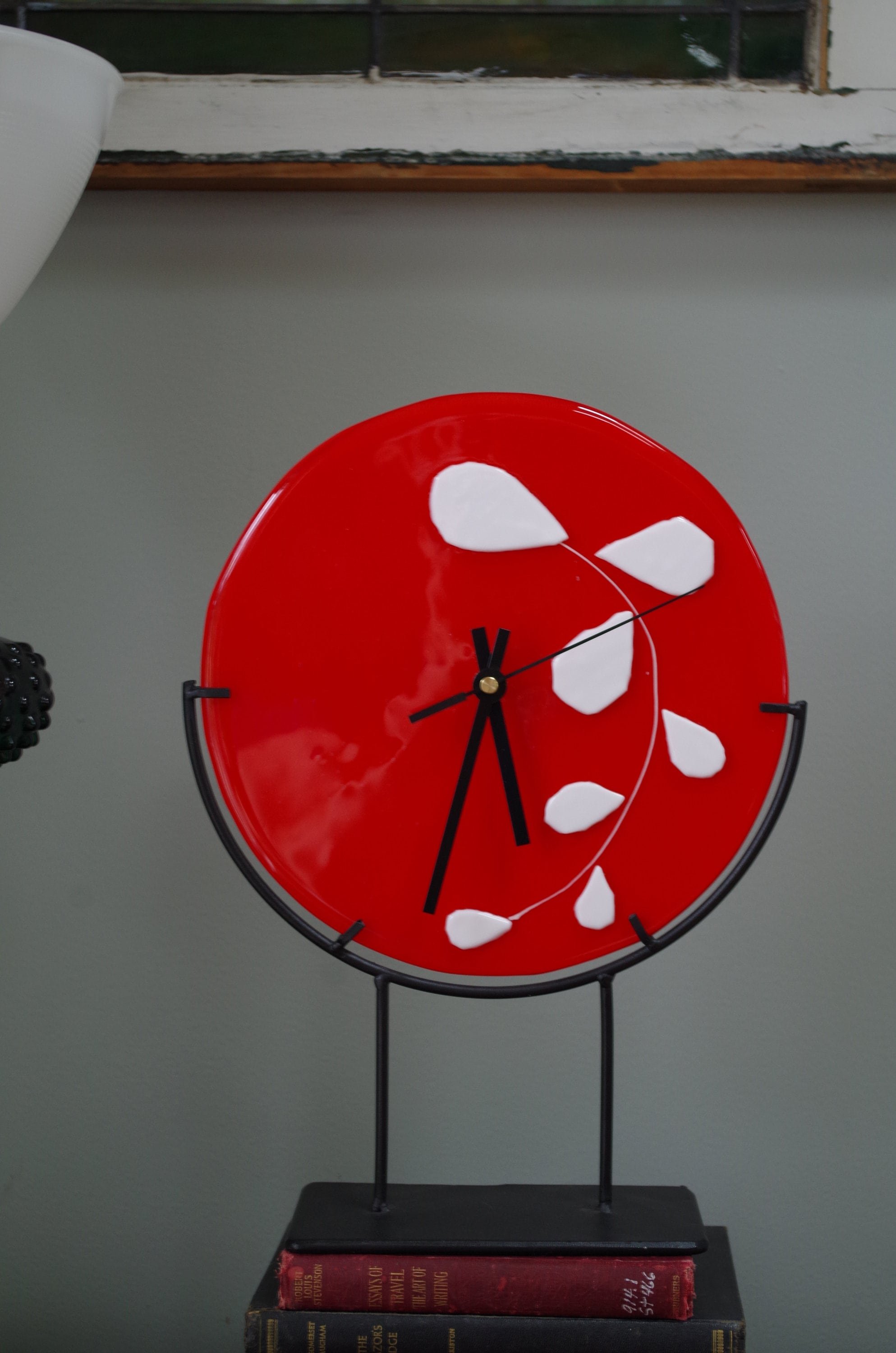 fused glass clock. Red and white clock.  House warming. Wedding gift. Birthday gift. Fathers Day. Home Office.