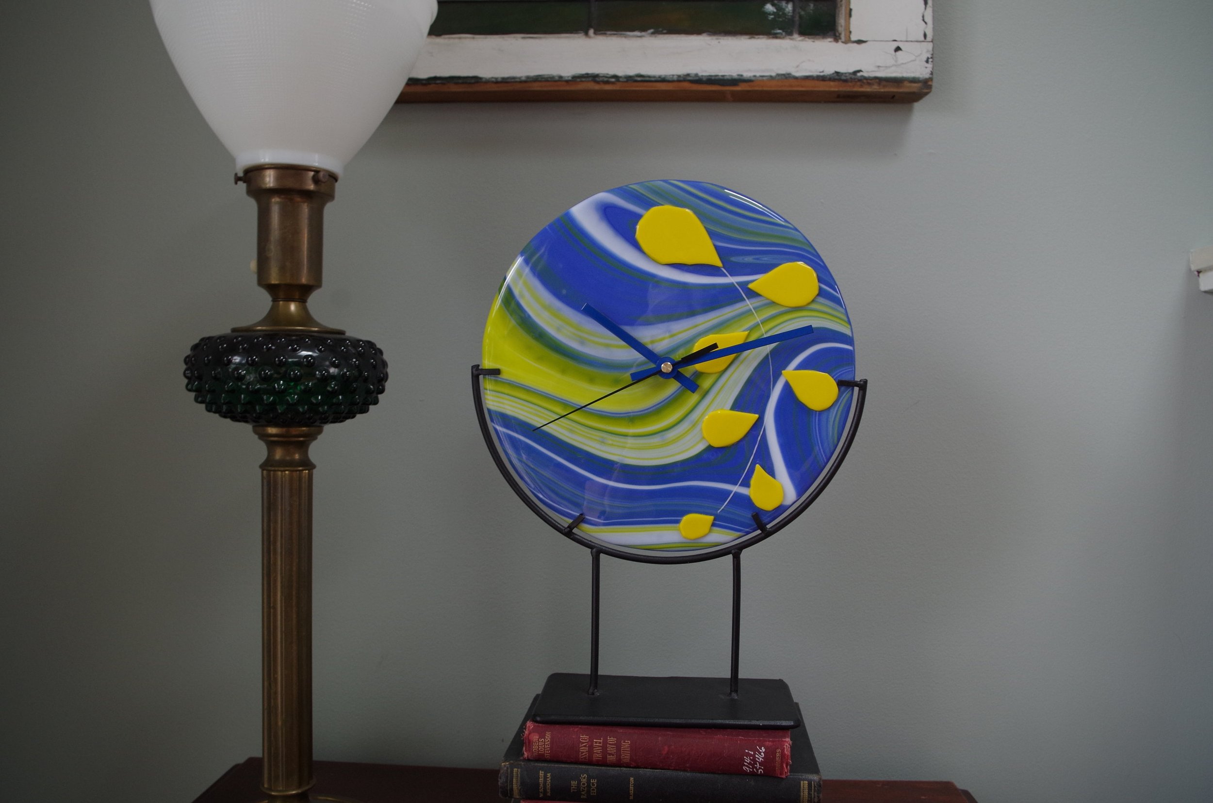 fused glass clock. Blue, yellow and white clock.  House warming. Wedding gift. Birthday gift. Fathers Day. Home Office.