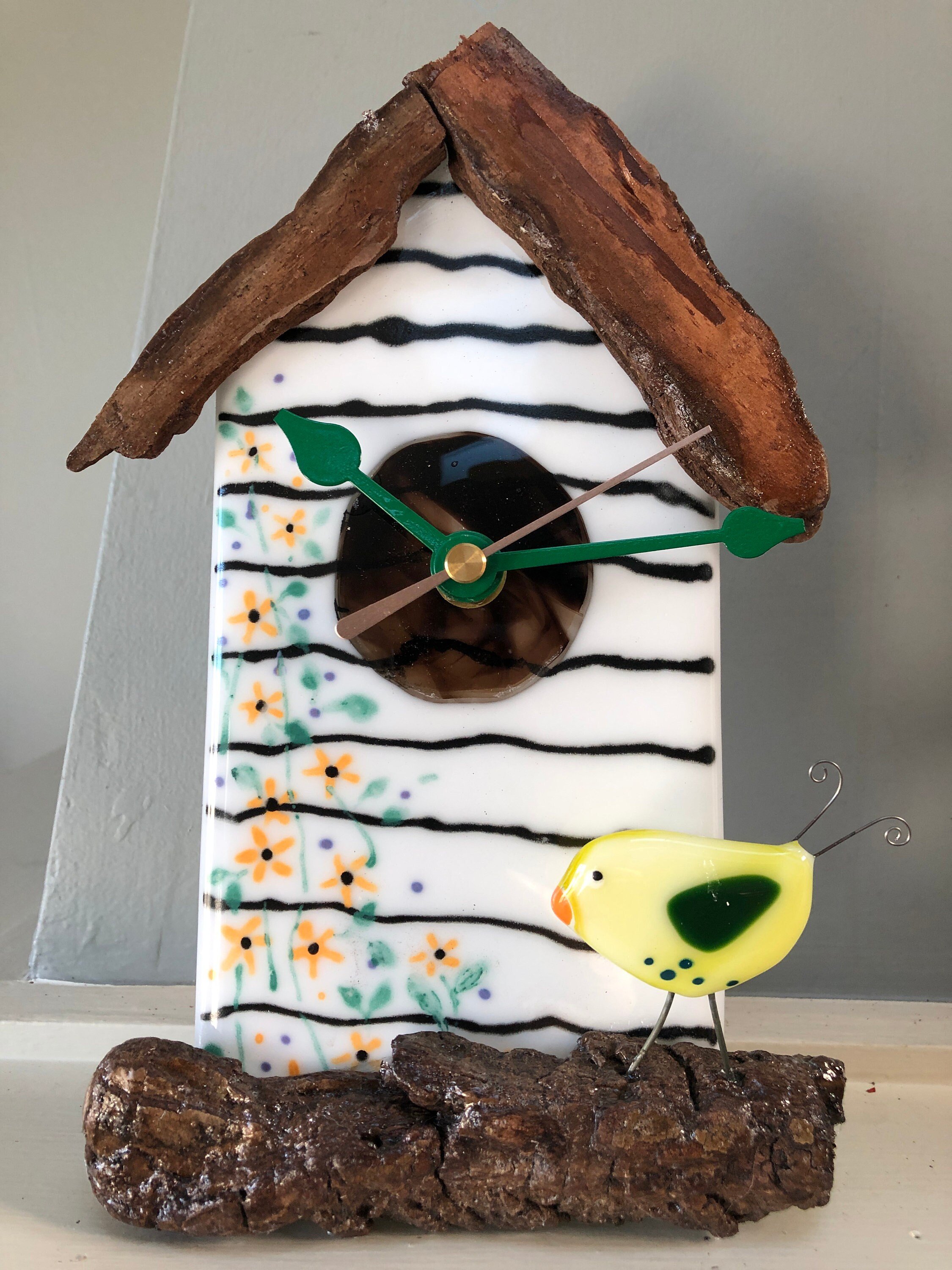 Table top clock. Fused Glass Clock. Birdhouse clock. Driftwood. Bird. Fathers Day. Home Office. House Warming. Wedding Gift.