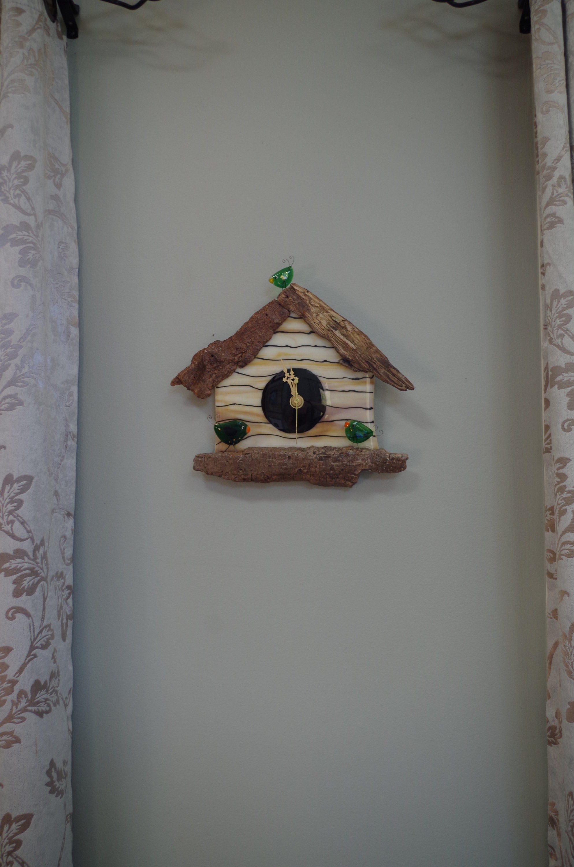 Fused glass and driftwood birdhouse clock. Cottage. Cozy home. House warming. Wedding gift. Birthday gift. Mothers Day. Fathers Day.