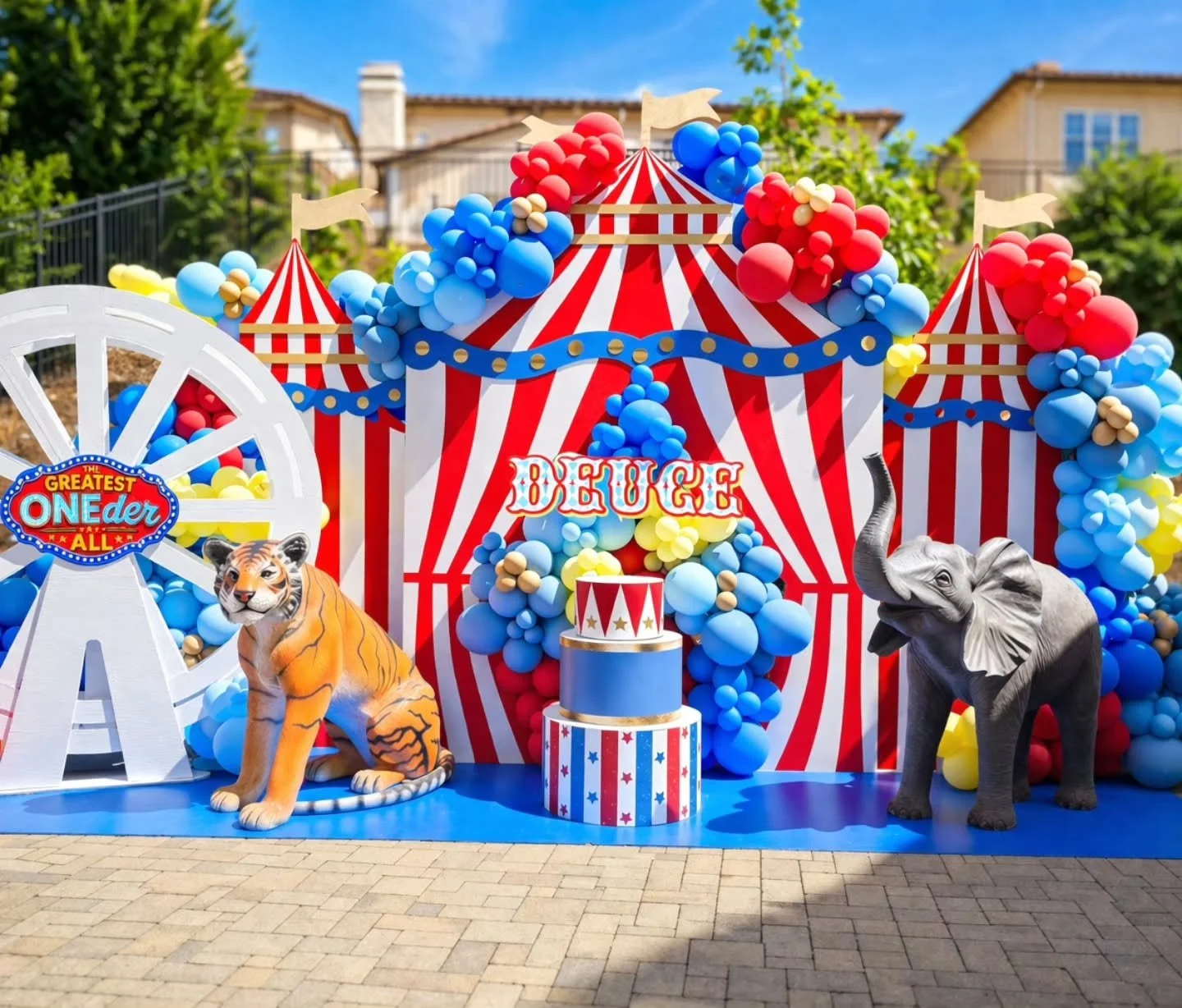 Step right up 🎪✨ it&rsquo;s Deuce&rsquo;s 1st birthday!
.
.
Carnival theme 🐘🦒🐅
.
.
Backdrop design by @four_forty_four_events 
.
.
#BayAreaPartyPlanner #BayAreaEvents #BayAreaEventPlanner #CarnivalTheme #CircusTheme