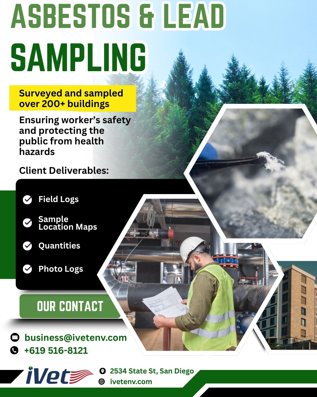 iVet Environmental takes a part in protecting worker's and the public's health by our thorough surveying and sampling of asbestos and lead suspect materials in buildings scheduled to be demolished and/or renovated. 

We provide detailed deliverables 