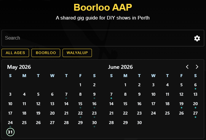 Example of 'Ask A Punk' Calendar for May and June 2026 with highlighted dates showing events
