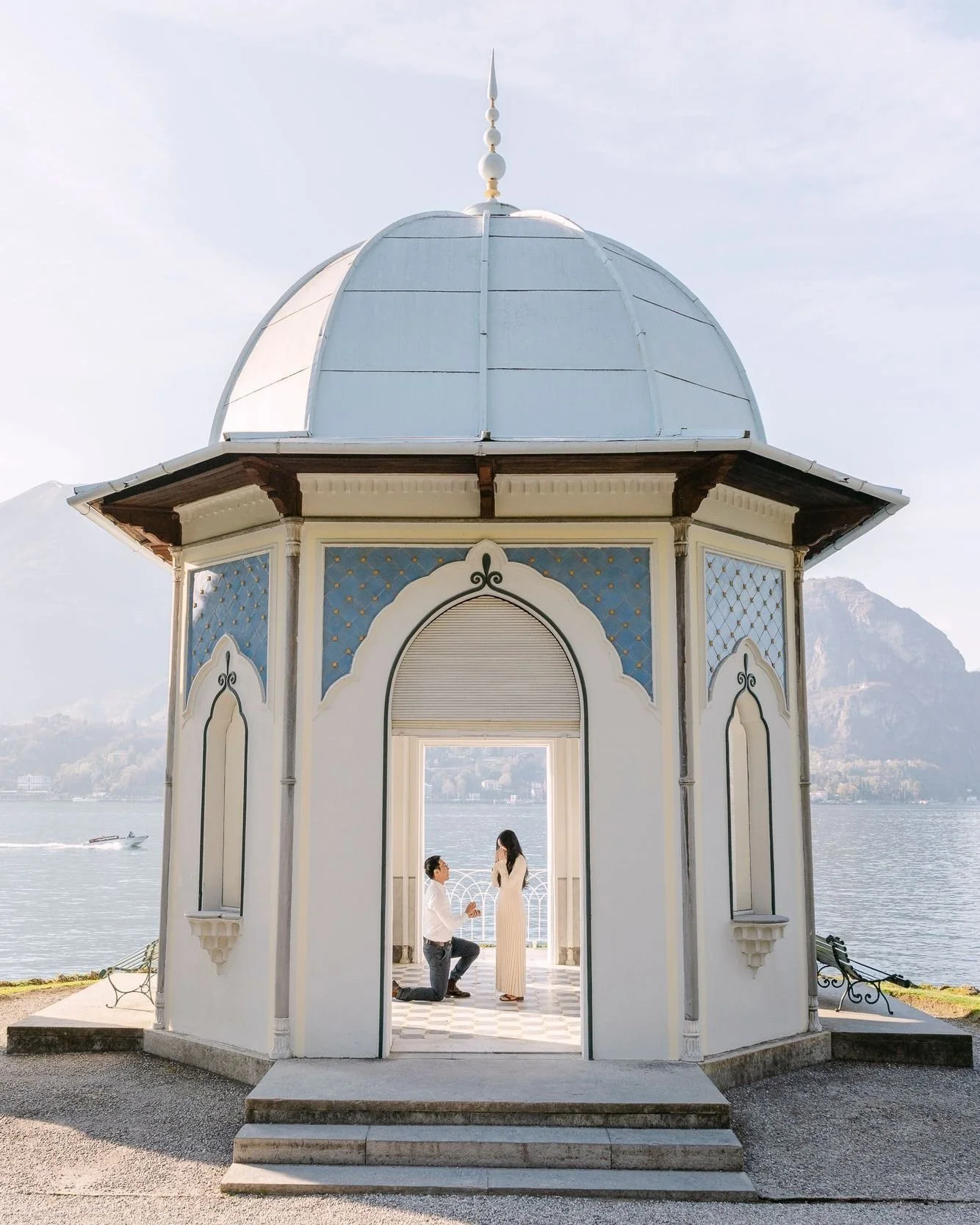 Hexagonal marble. Blue, gold, white &mdash; laid by hand in the 1800s when Melzi d'Eril built this pavilion as his private retreat on Lake Como.
Peter knelt on those same tiles. Khanh looked down at a ring, then up at the mountains, then back at him 