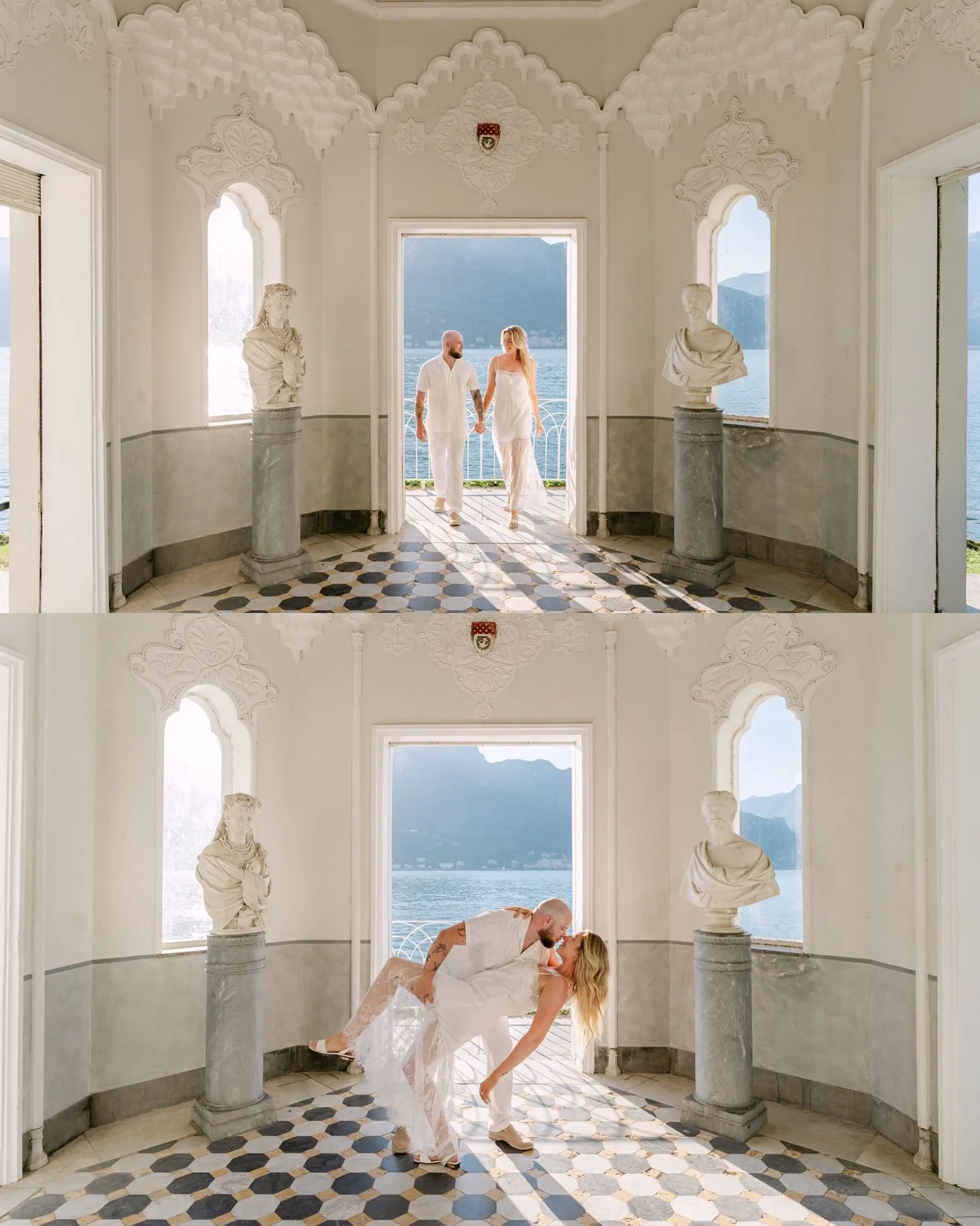 A Lake Como proposal at Villa Melzi, inside the Moorish pavilion on the water&rsquo;s edge. Kayleigh and Alex walked in from the terrace, the lake behind them, and the light did the rest &mdash; coming straight through the doorway, laying itself acro