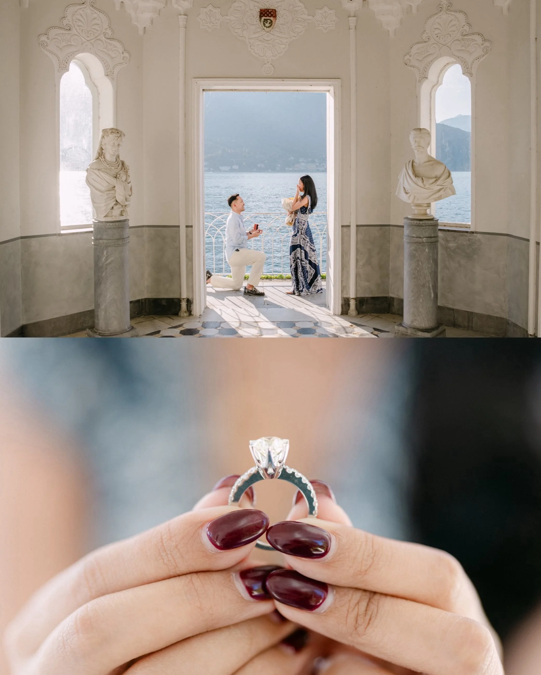A Villa Melzi proposal on Lake Como, photographed from inside the Moorish pavilion &mdash; two marble busts, a checkerboard floor, and the lake framed in the doorway like something hung on the wall.

He knelt in the one bright rectangle of light. She