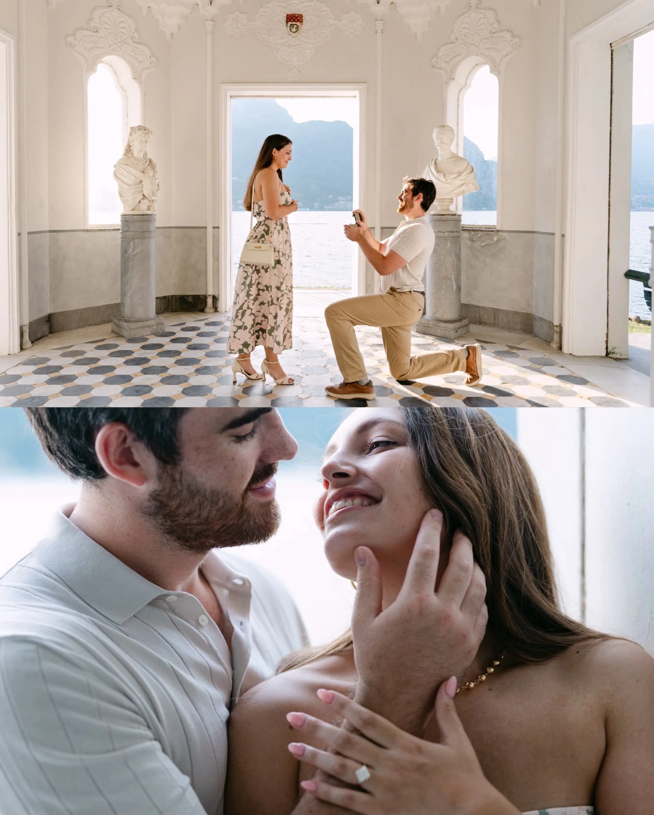 A Villa Melzi proposal, Bellagio &mdash; and none of it was arranged.

No mark on the floor, no hand placed anywhere. He knelt where he happened to be standing. She had the lake behind her and no idea what was coming.

Then the second frame: her face