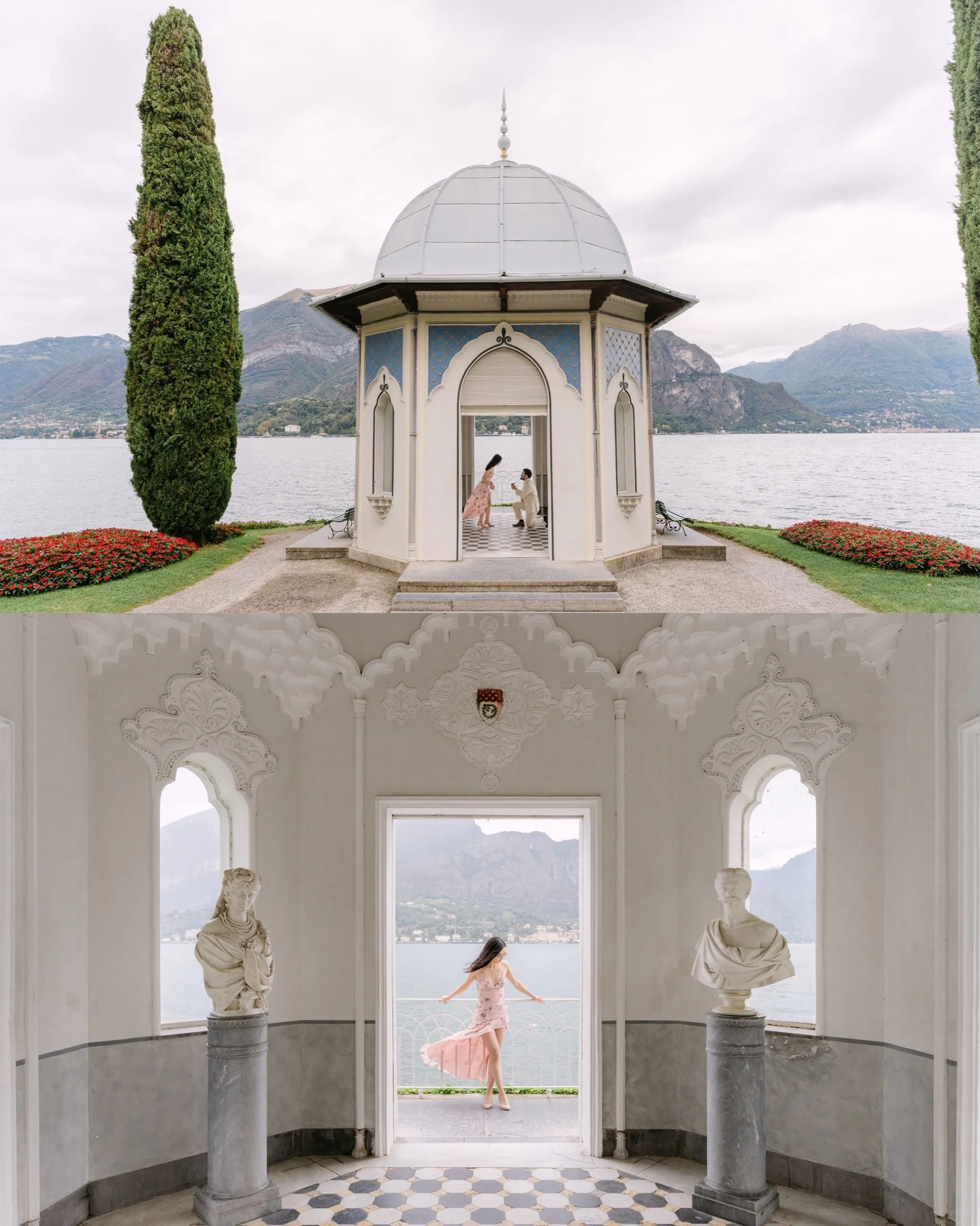 Villa Melzi, Bellagio. The Moorish Pavilion &mdash; the smallest room on the lake, and the only one with that view.

She had both hands over her mouth before he finished asking.

No crowd. No one waiting for the bench. Privacy is the luxury.

Katheri