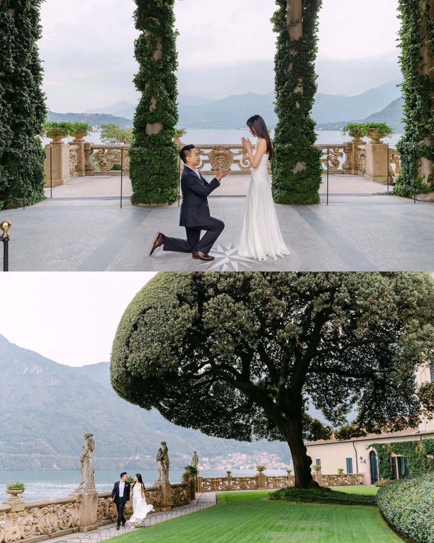 A Lake Como proposal at Villa del Balbianello, the way autumn does it. Soft grey light, mountains fading into haze, the loggia quiet enough to hear the lake below.

He knelt on the compass rose. She pressed her hands together, eyes on the ring.

Afte