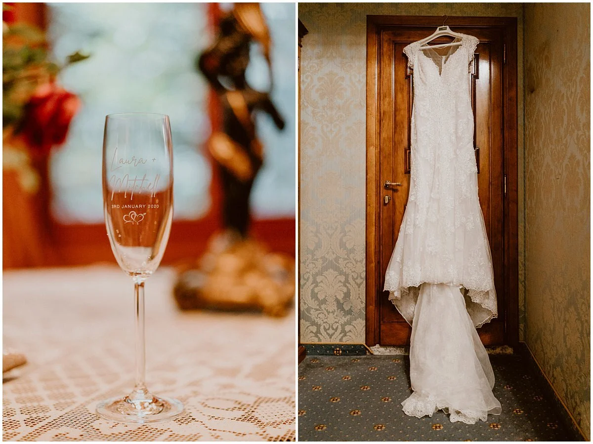 Venice elopement a glass of champagne and the bride dress