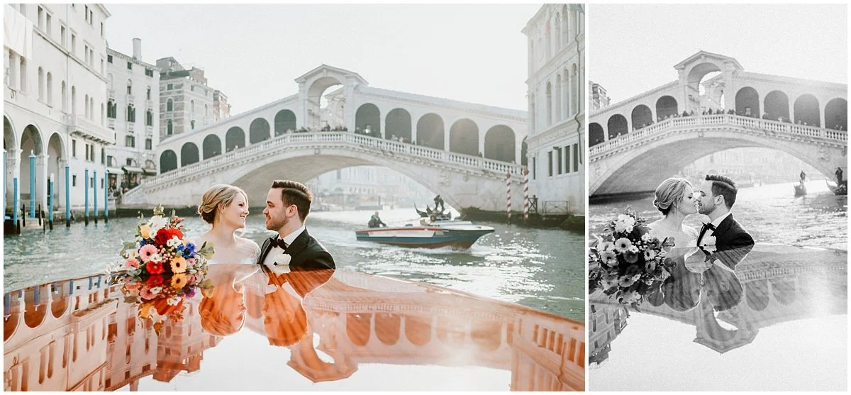 Venice wedding, bride and groom on a taxi boat near Rialto bridge