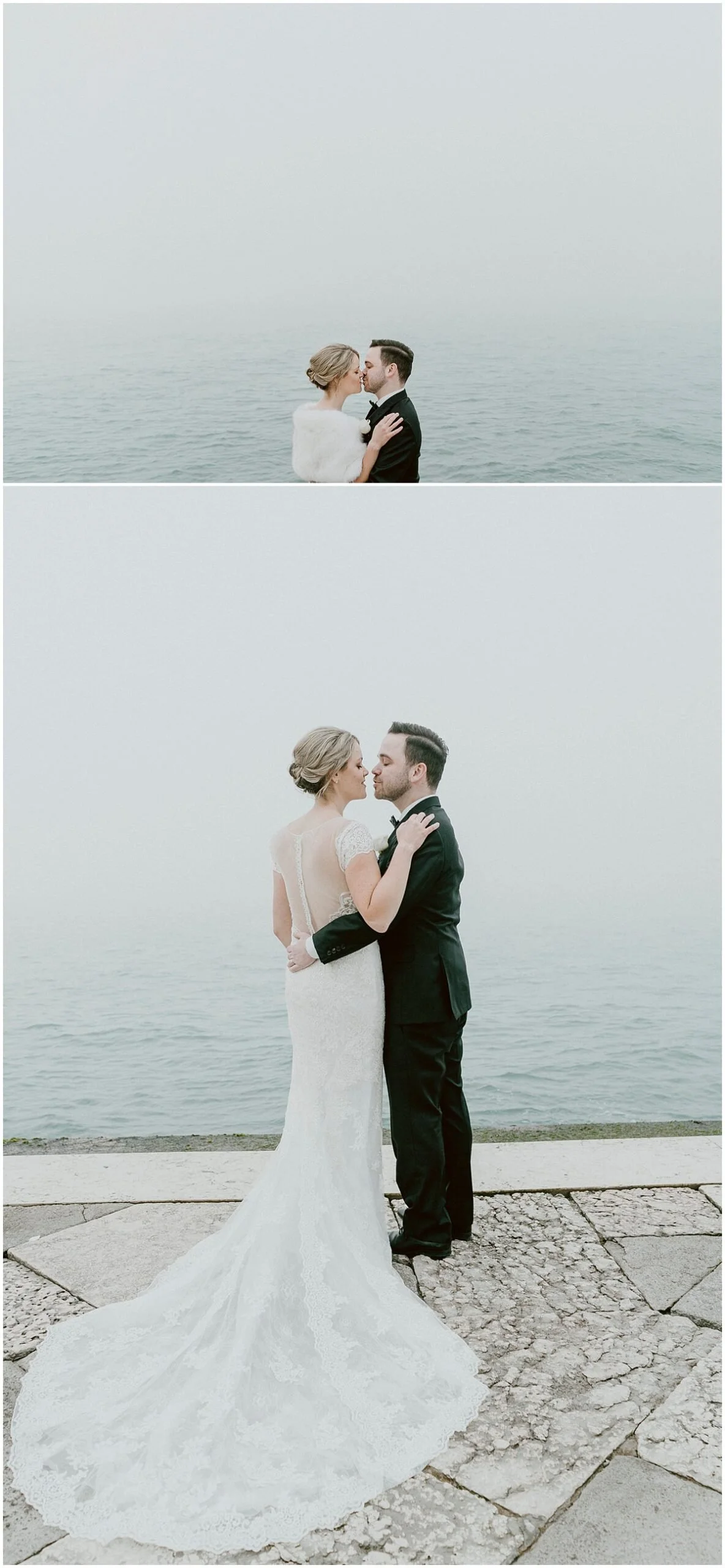 Venice wedding bride and groom kissing on a misty canal