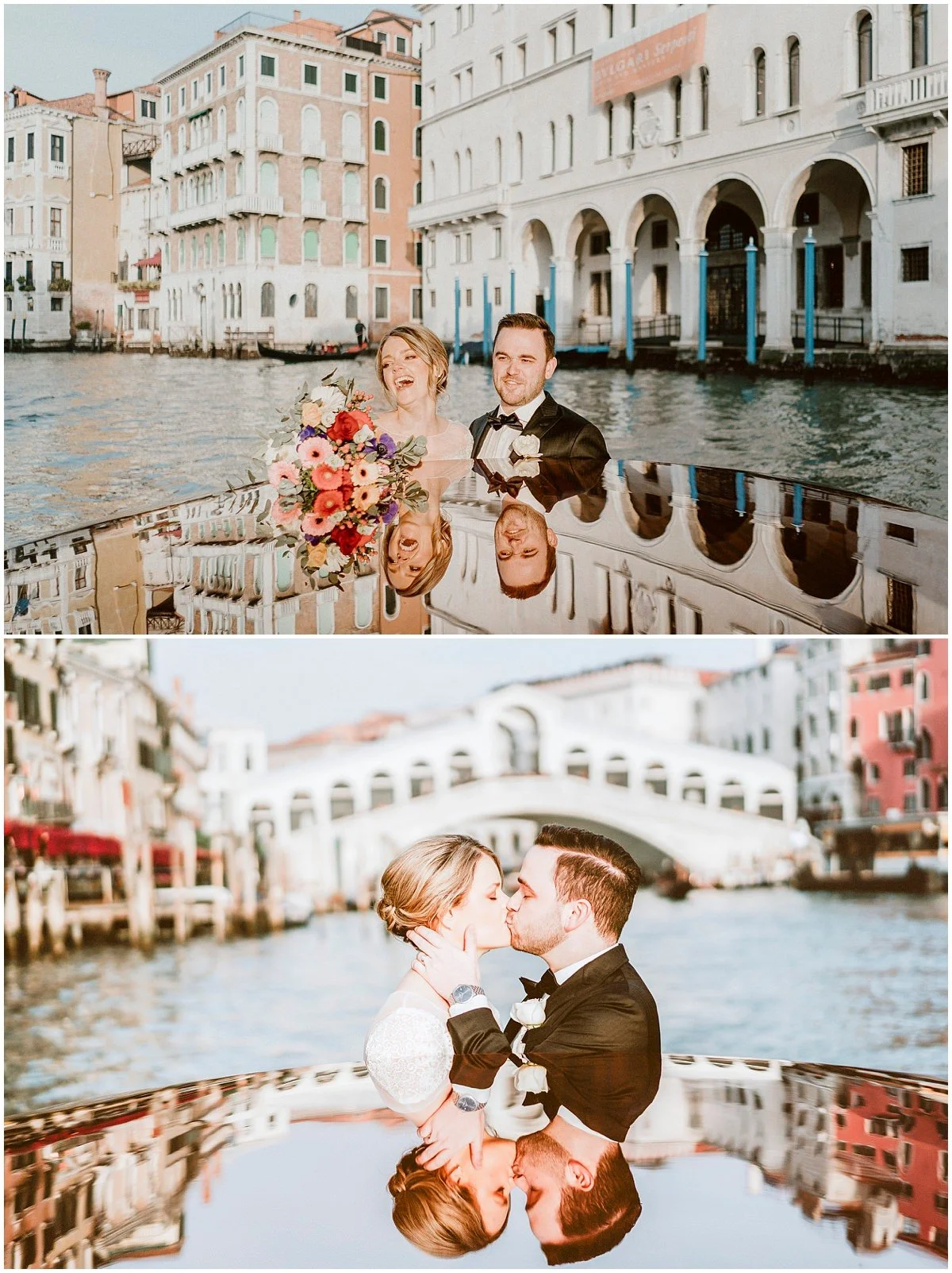 Canal Grande elopement a beautiful view of Rialto bridge with bride and groom