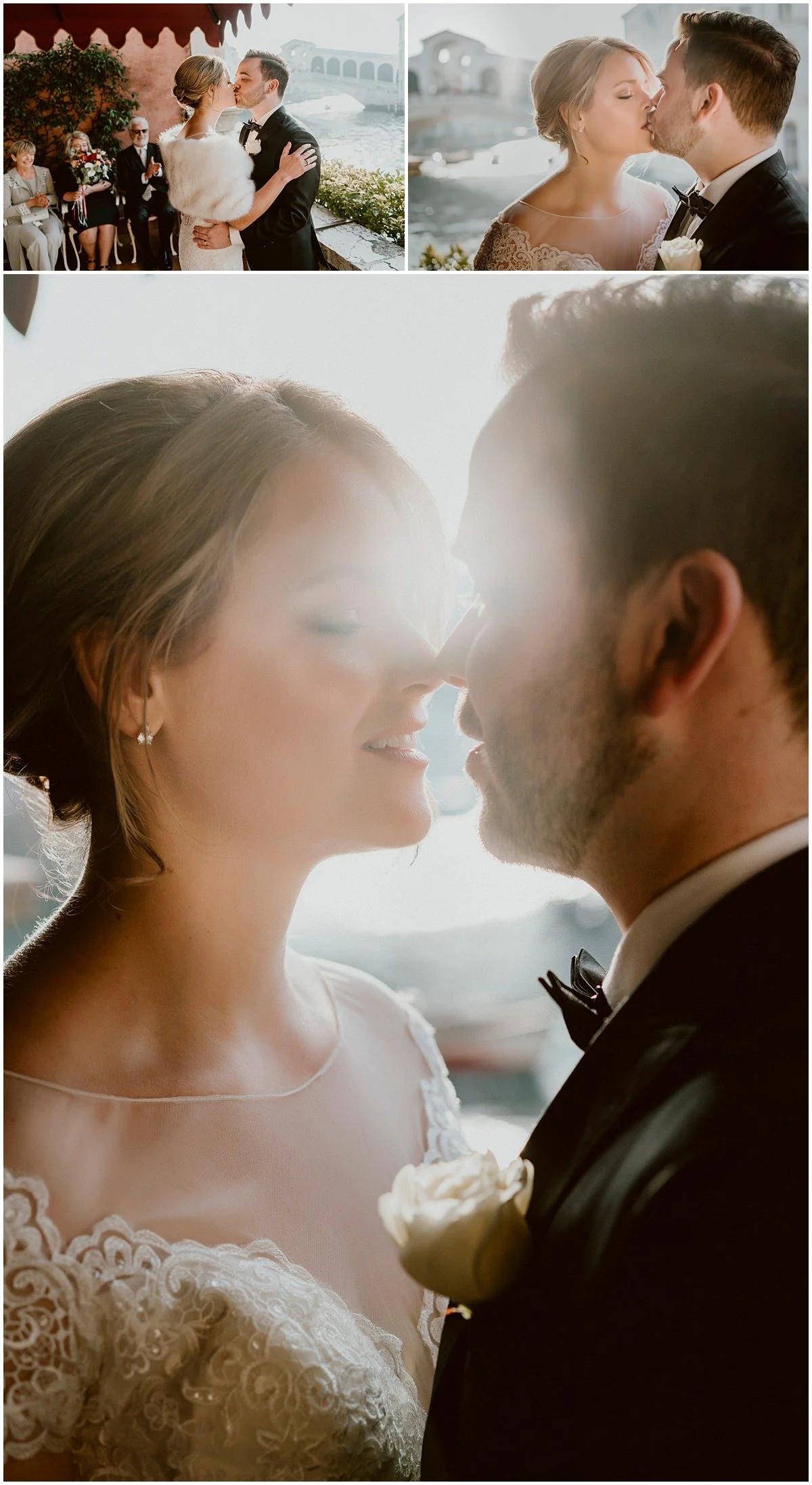 Venice elopement, bride and groom kissing after the yes