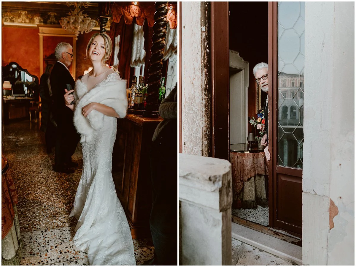 Venice elopement, Bride and dad entering the ceremony
