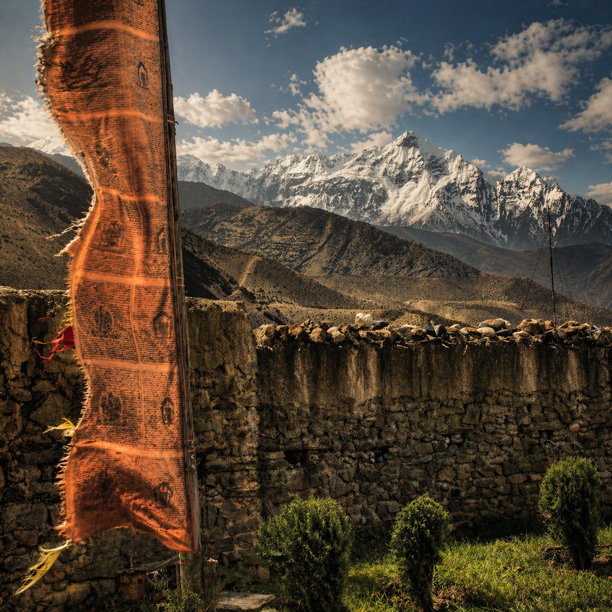 A landscape view of a mountain range with snow-capped peaks, a stone wall, and a tattered orange flag or banner in the foreground. The sky is partly cloudy with scattered clouds.