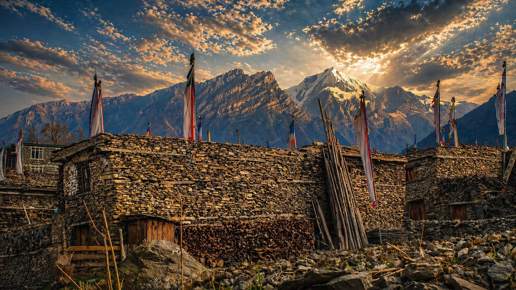 Stone building with flags and a mountain range in the background during sunset.