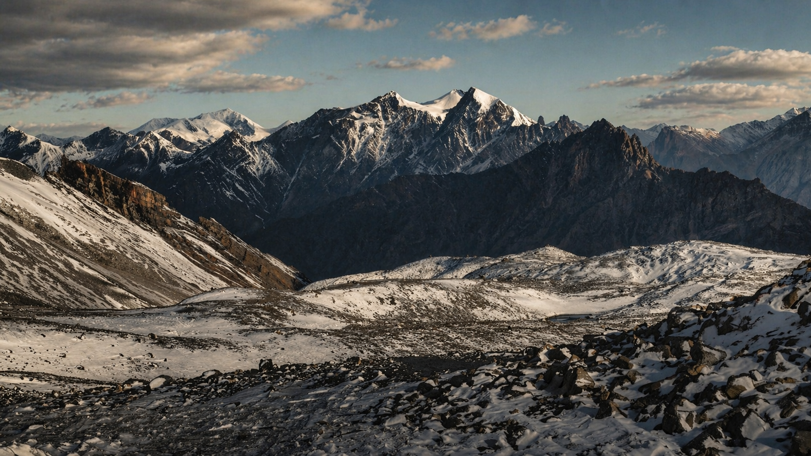Snow-covered mountains with rugged peaks under a partly cloudy sky.