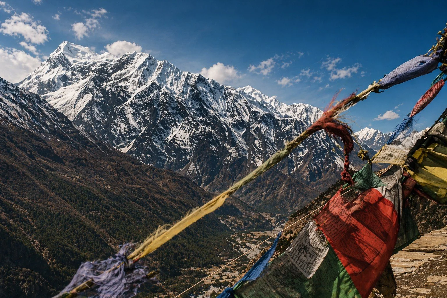 Snow-capped mountains with colorful prayer flags in the foreground