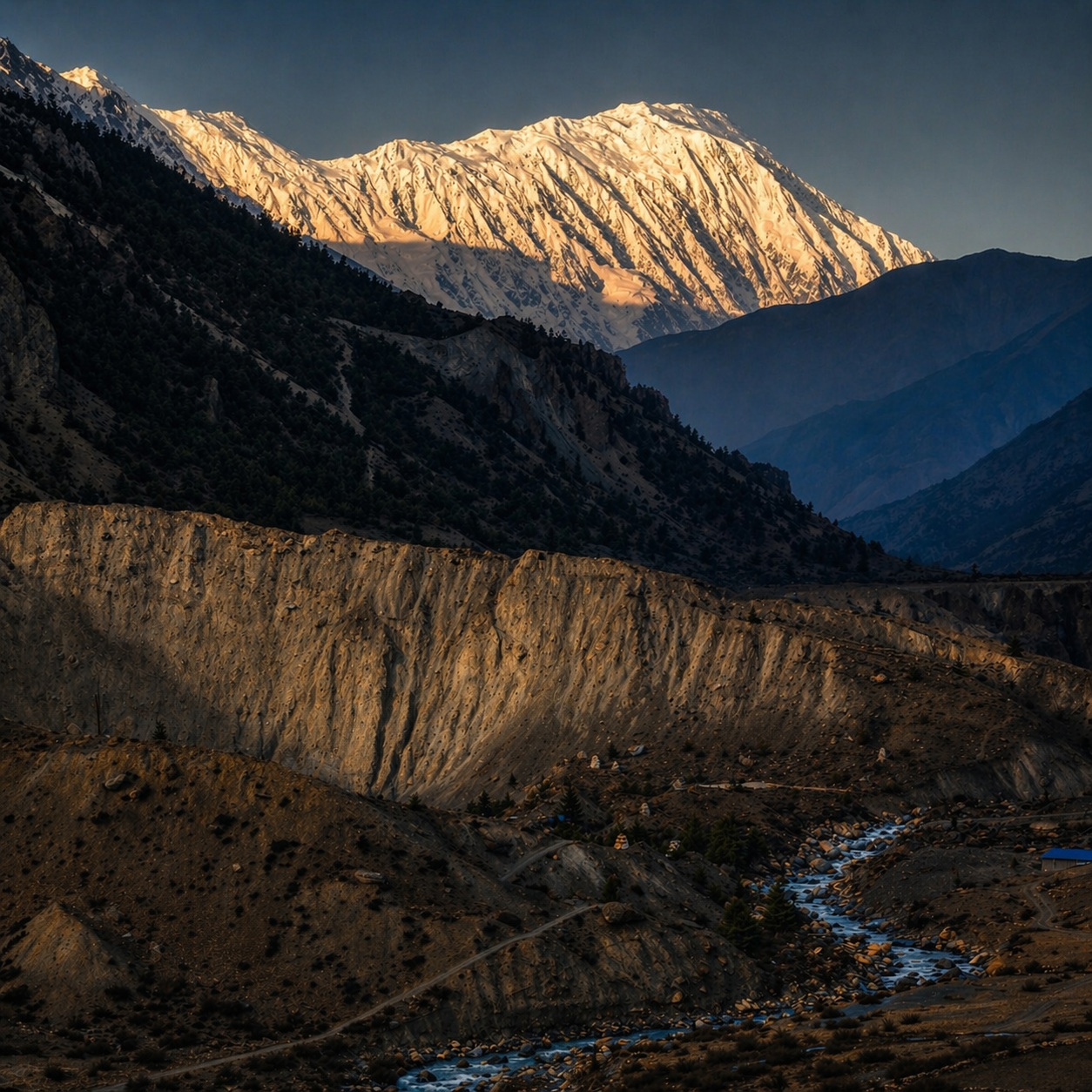 Snow-capped mountains illuminated by sunlight, rugged hills with sparse vegetation, and a river flowing through a valley.