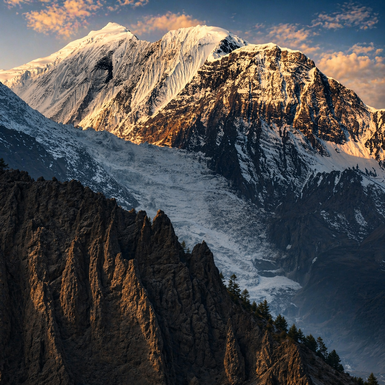 Snow-capped mountain peaks at sunset with rocky ridges in the foreground and a partly cloudy sky.
