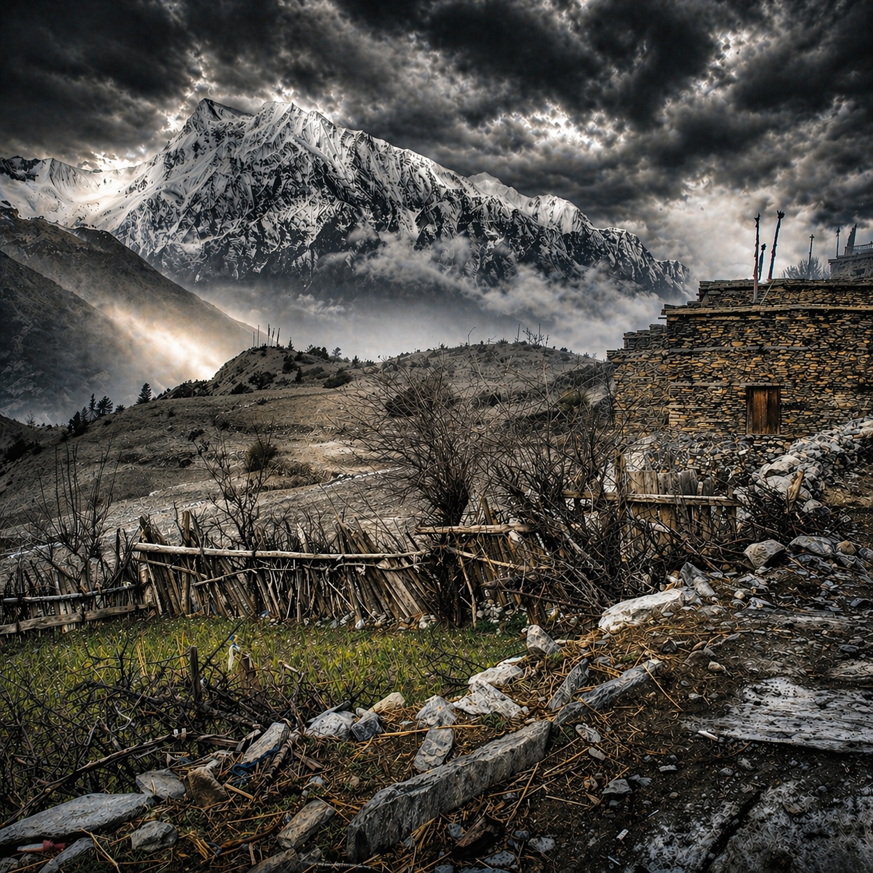 A mountainous landscape with snow-capped peaks under a dark, cloudy sky, a rustic stone building, barren trees, and a wooden fence in the foreground.