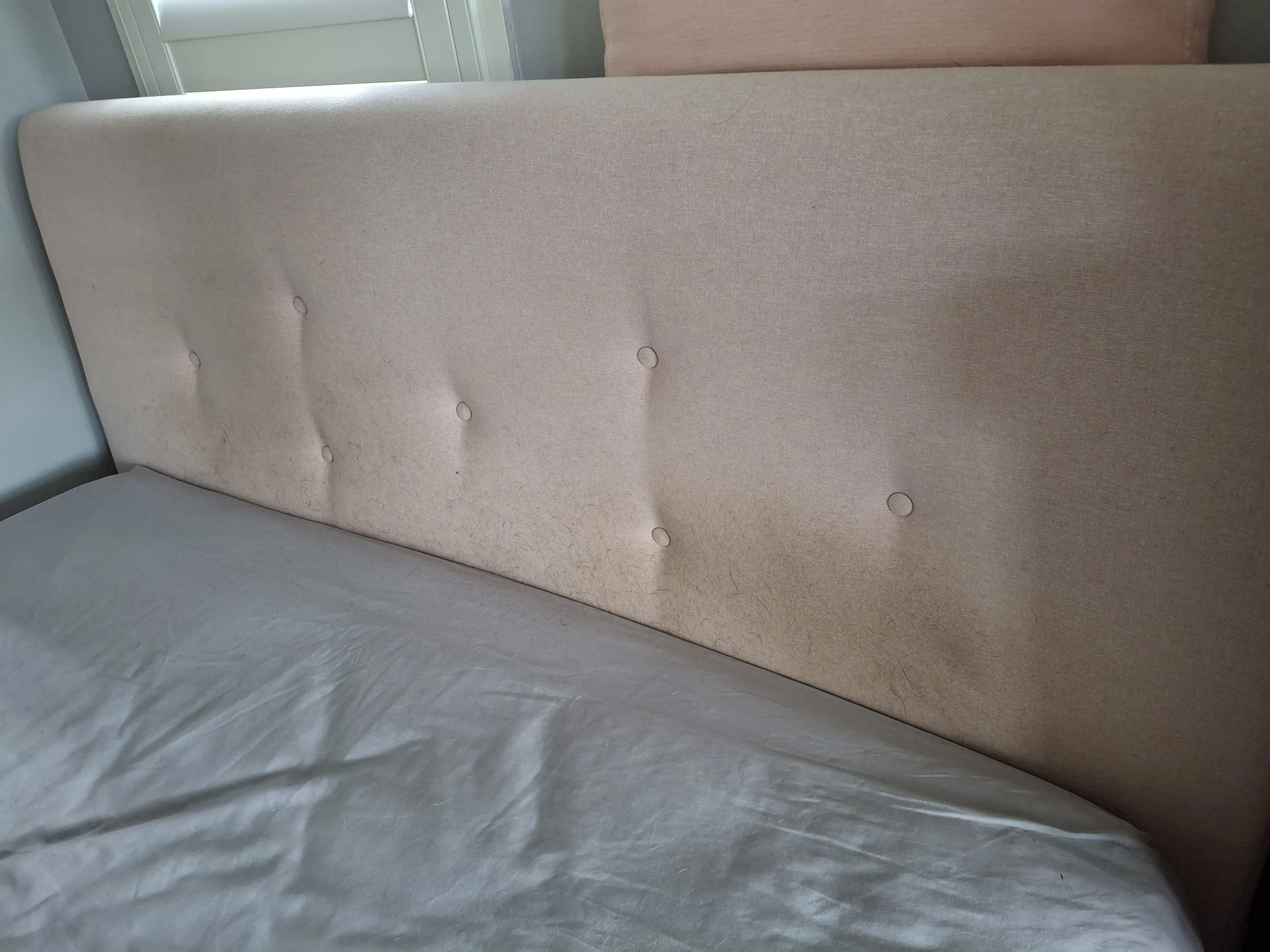 A "before" photo showing an upholdstered headboard, with visible pet hair & oil stains