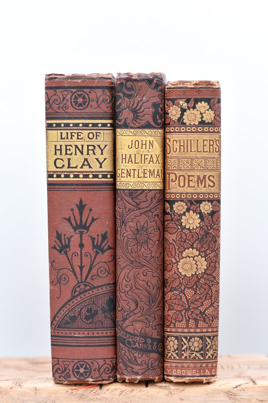 Victorian antiquarian books in brown and red for home or office