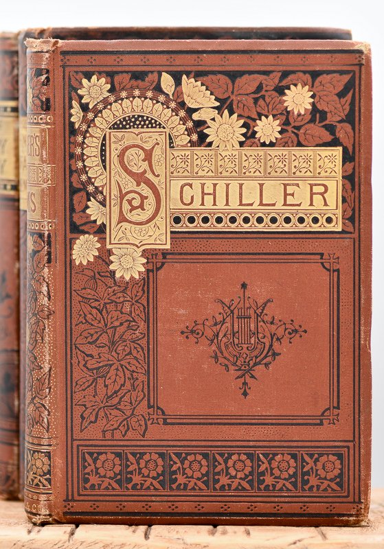 Victorian antiquarian books in brown and red for home or office interiors.  Miss Mulock, Schiller — BB Antiques & Exports