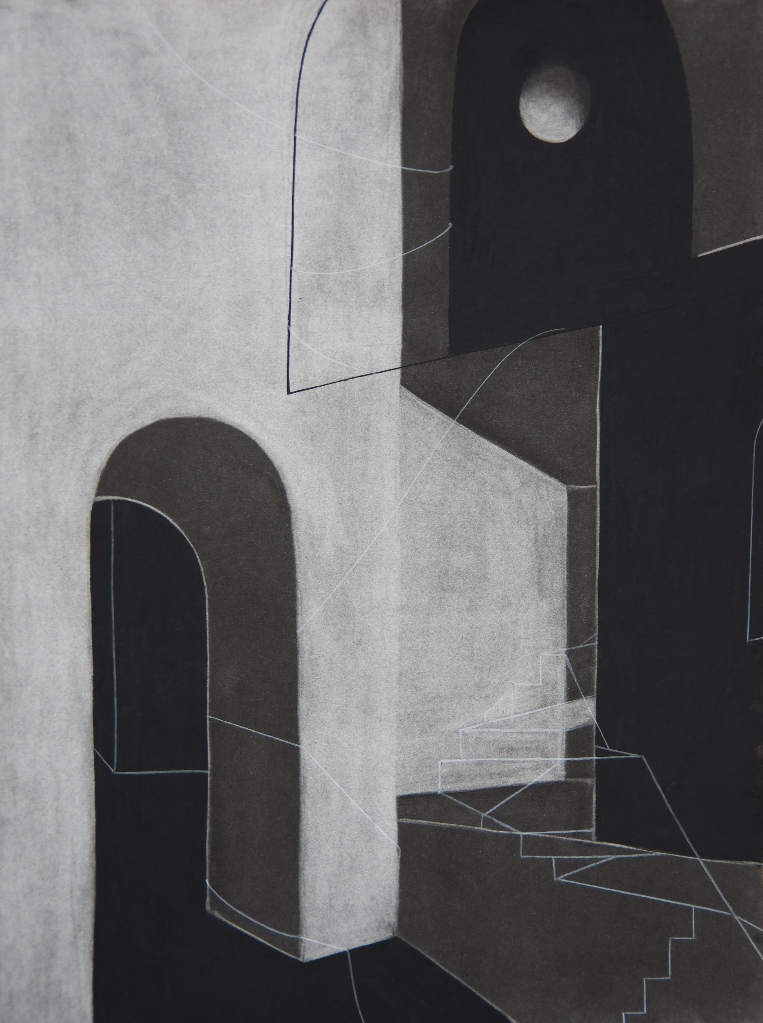 Safe Halls, chalk and charcoal on paper, 18" x 24"