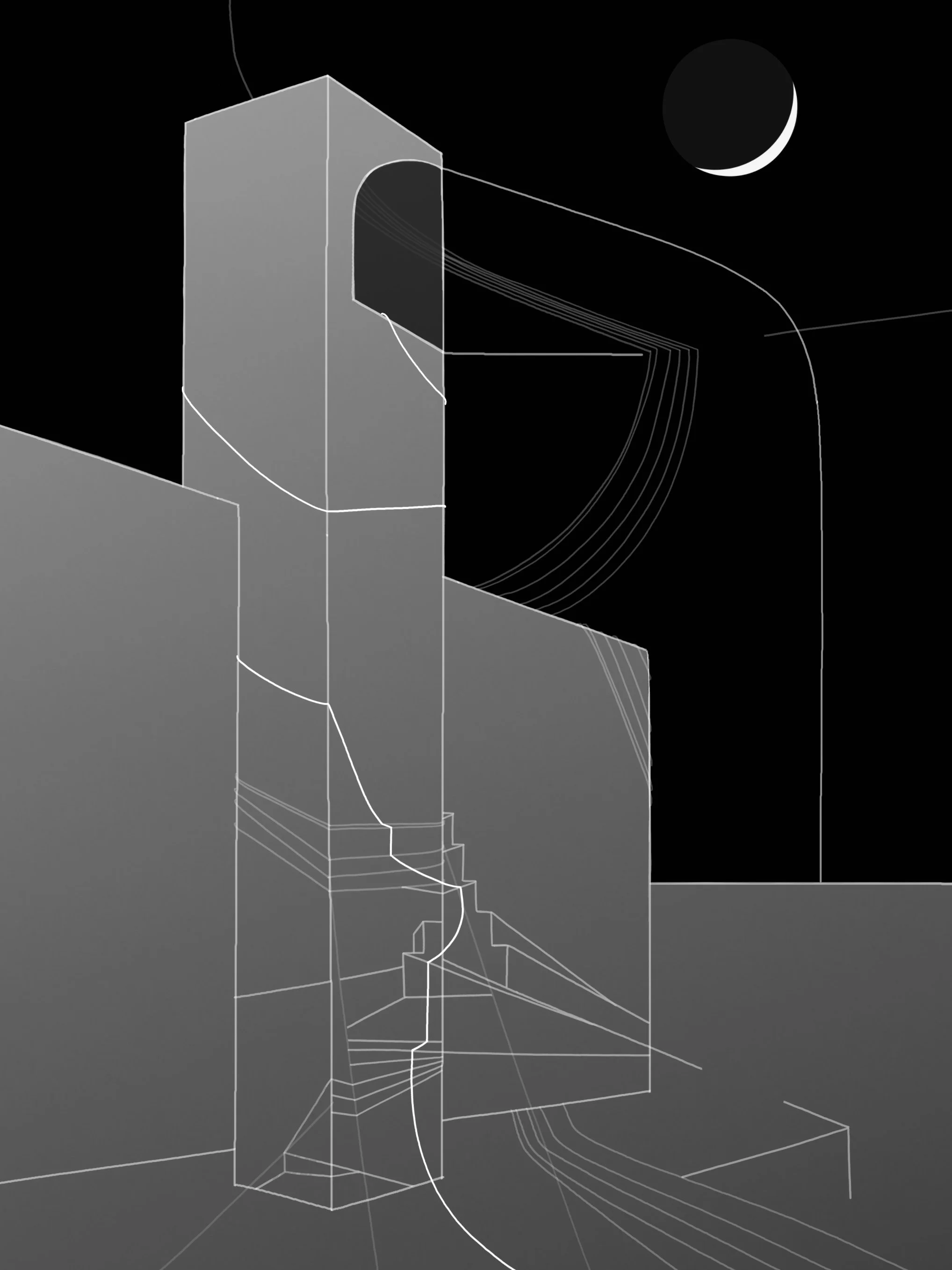Bell Tower At Night, digital drawing