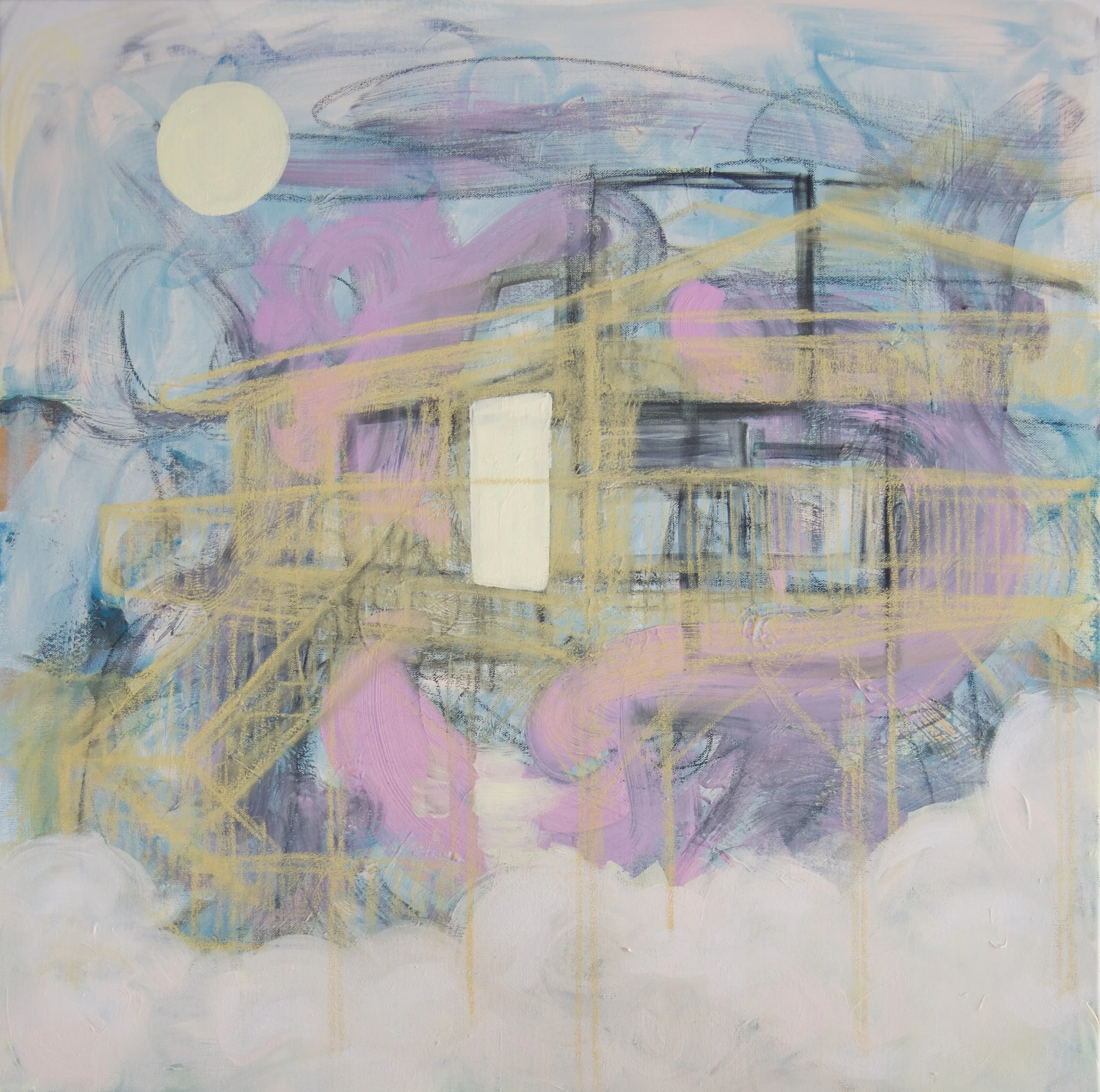 Just Visiting, mixed media on canvas, 30" x 30"