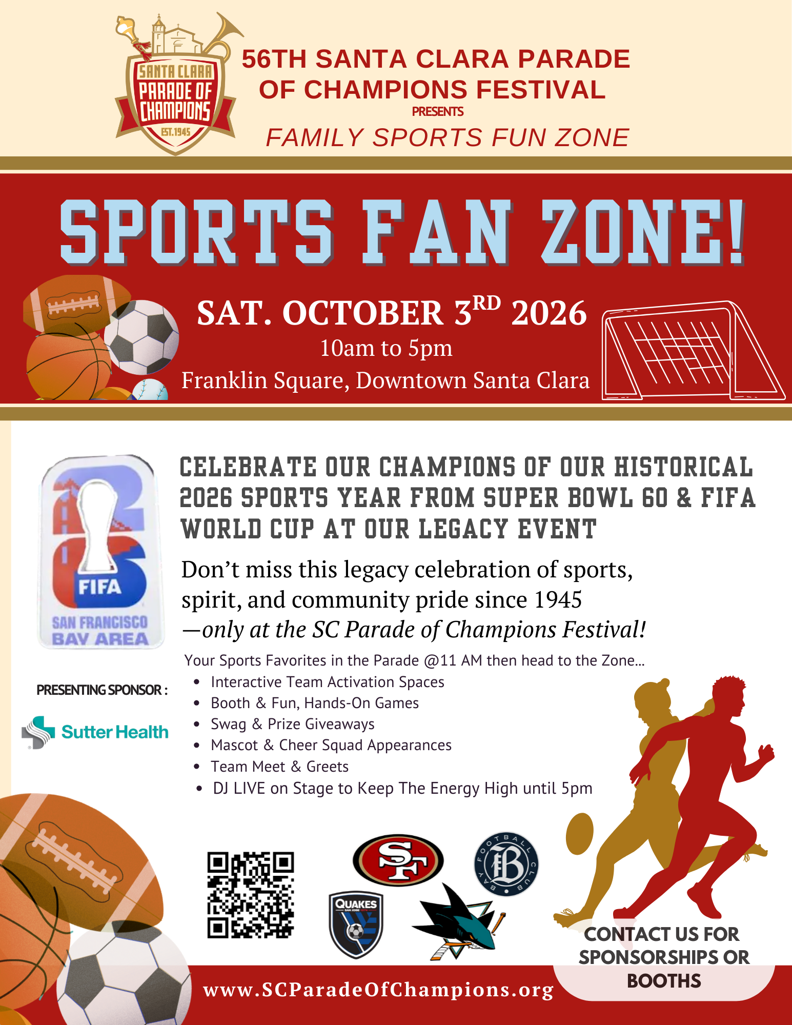 Flyer for the 56th Santa Clara Parade of Champions Festival sports fan zone on October 4, 2025, featuring footballs, soccer balls, baseballs, cheerleaders, and a DJ, with event details and a website link.