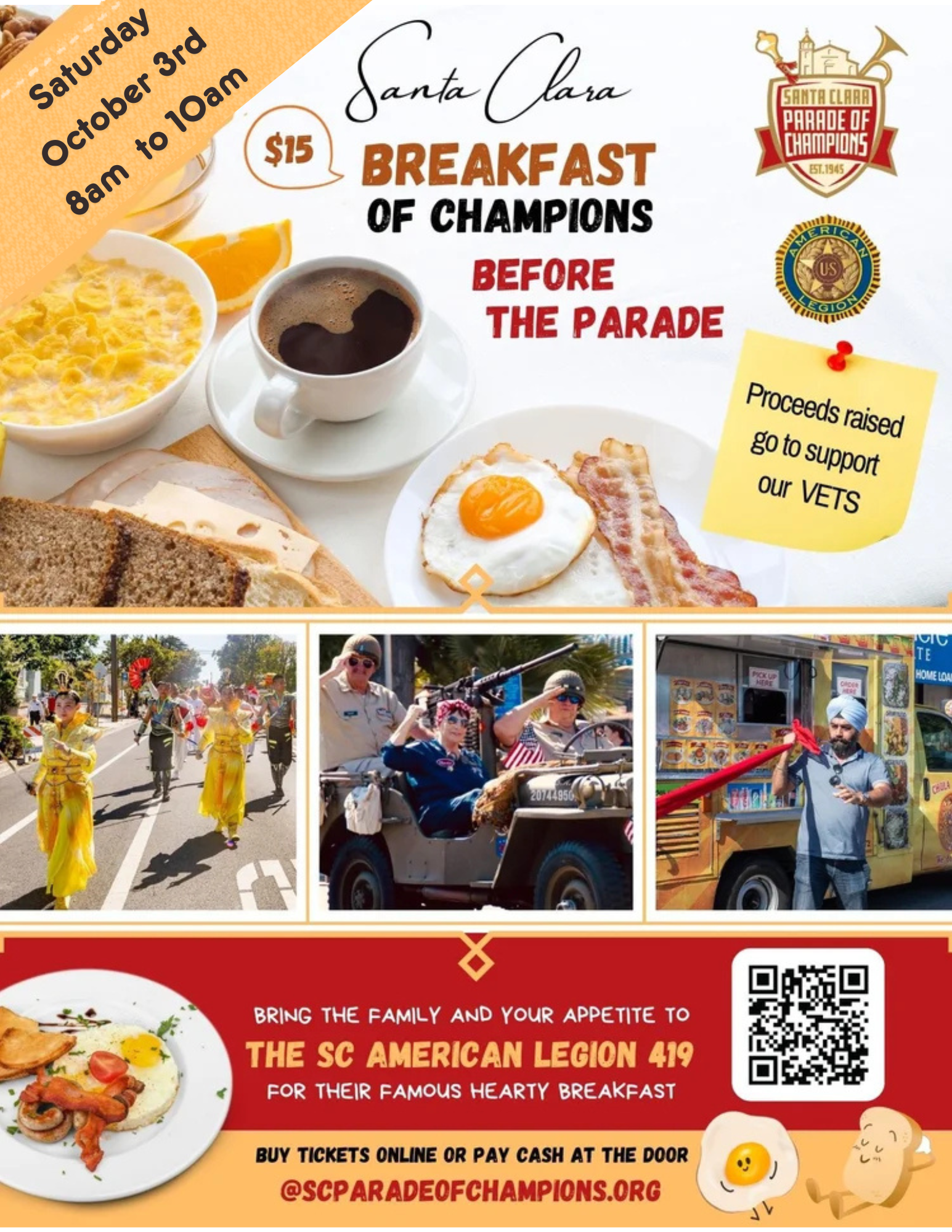 Group of seven young people, four women and three men, posing in front of a backdrop with logos for the Santa Clara Parade of Champions. They are wearing white t-shirts with the event logo, some have lanyards with badges, and one girl has turquoise hair. The event date, October 5th, 2024, is displayed at the bottom.