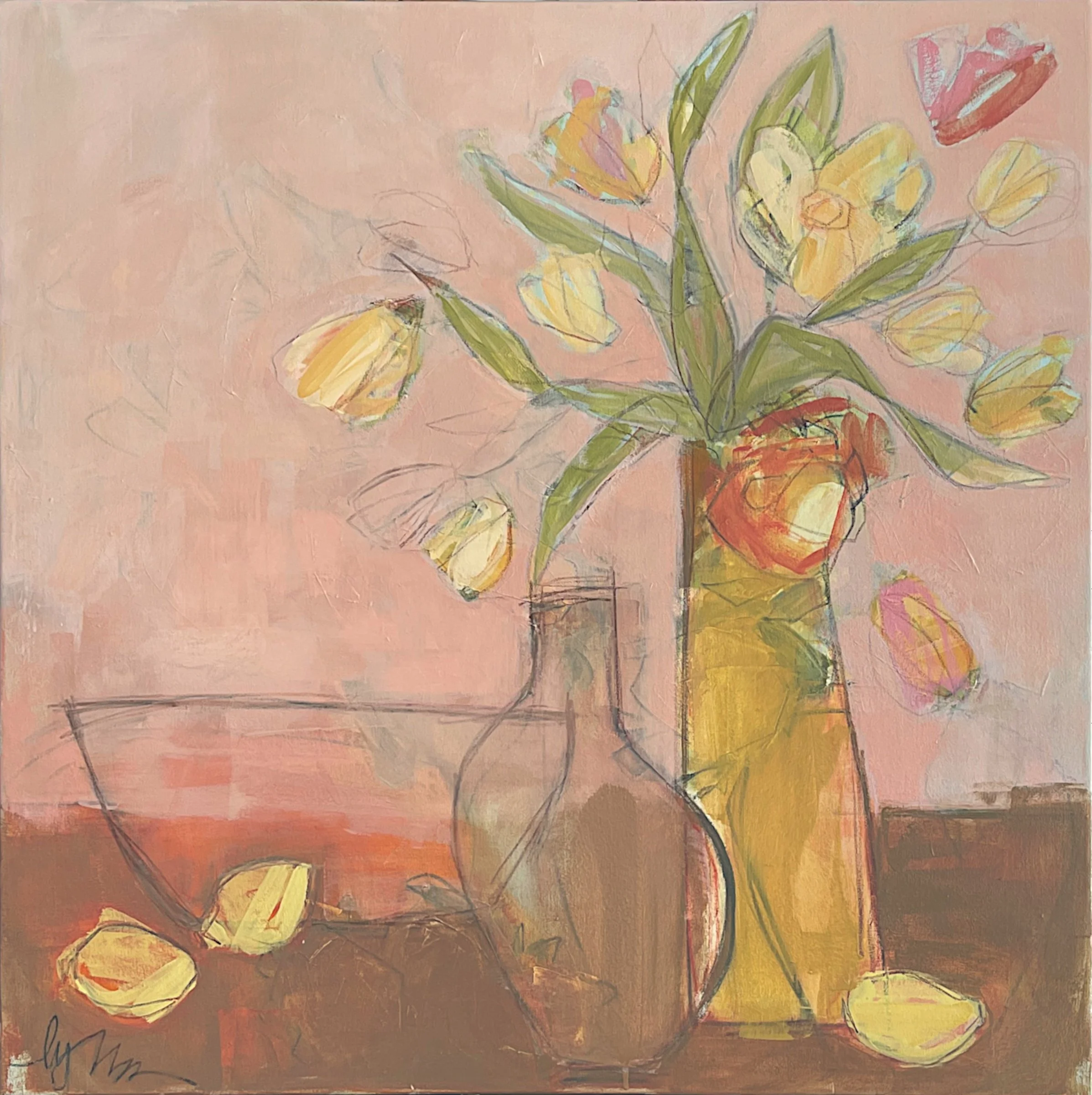 tulips + lemons 40 x 40 oil/waxed pastel/graphite on canvas | Anne Irwin Fine Art Atlanta GA
