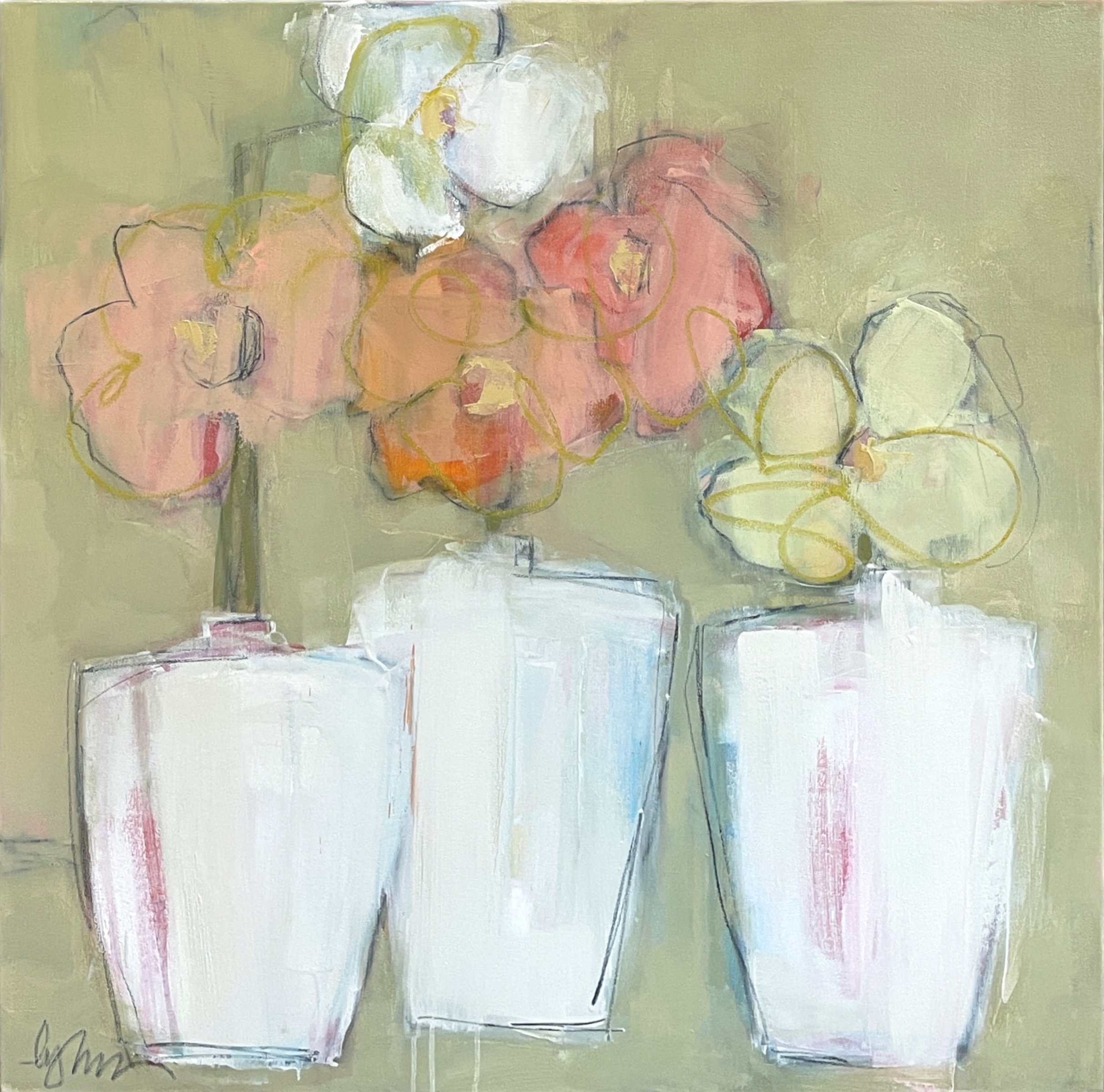 poppies in porcelain 40 x 40 oil/mixed media on canvas 2024 | Roan & Black Gallery, Saugatuck MI