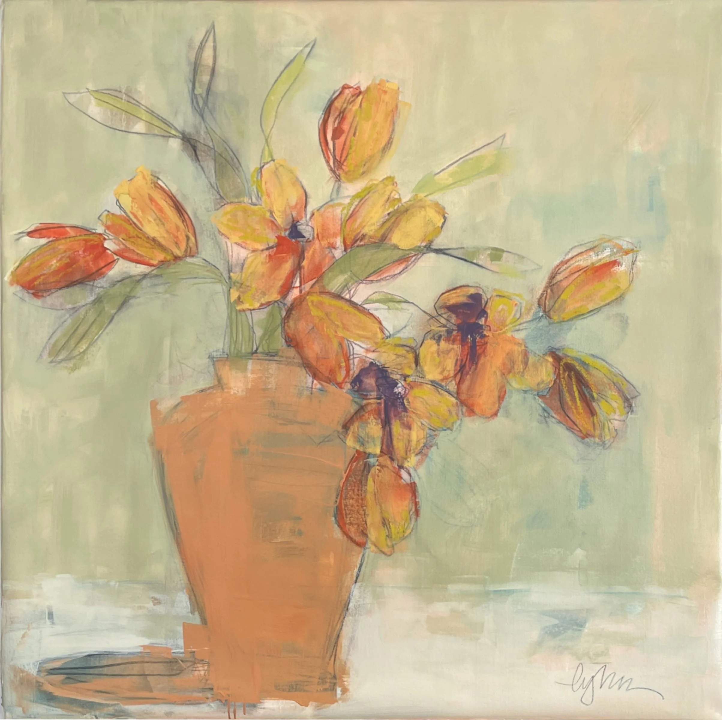 parrot + terracotta 48 x 48 oil/waxed pastel/ graphite on canvas | Anne Irwin Fine Art Atlanta GA