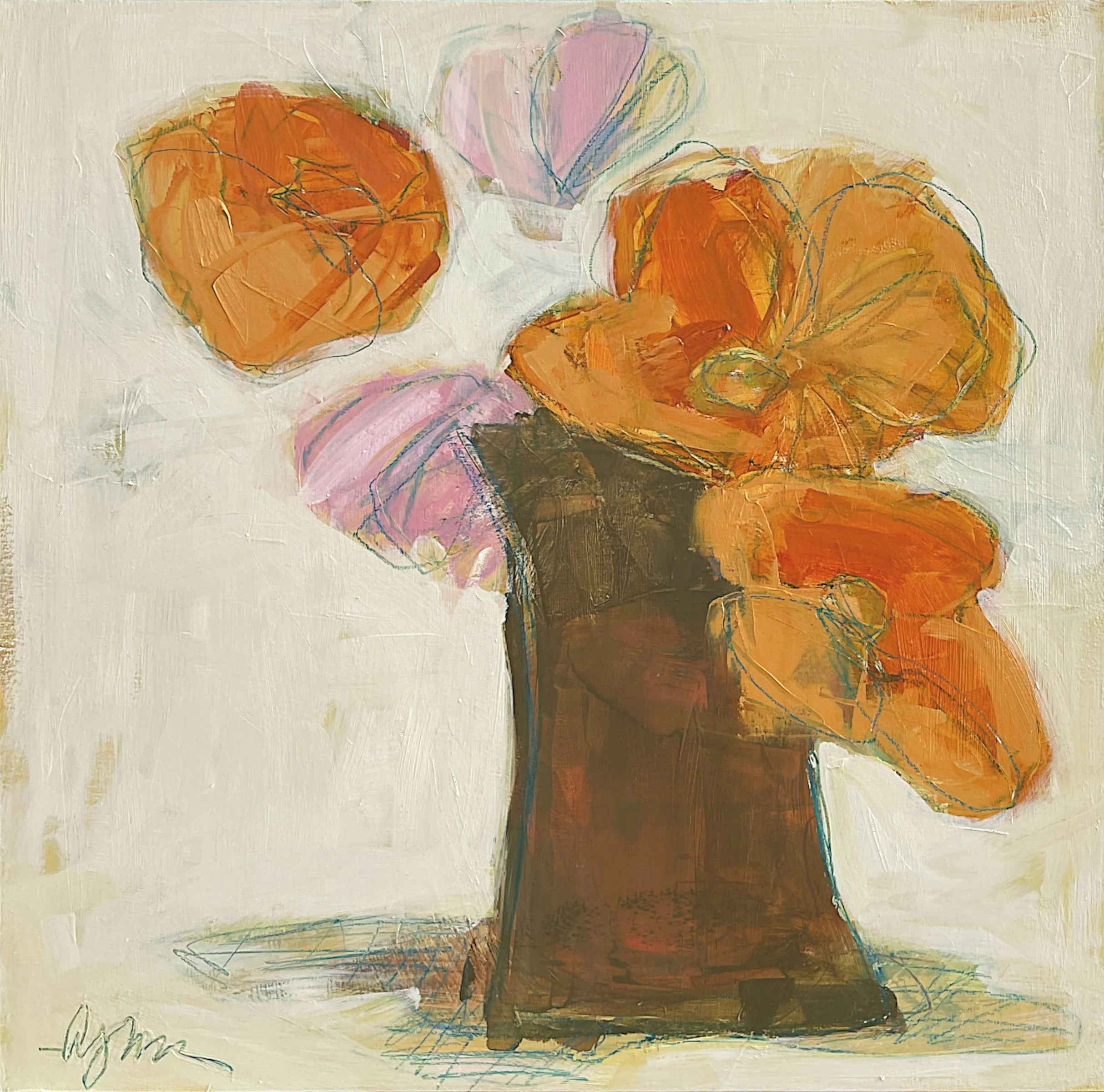 poppy + terracotta 24 x 24 oil/wax pastel on cradled birch panel | Shain Gallery Charlotte NC