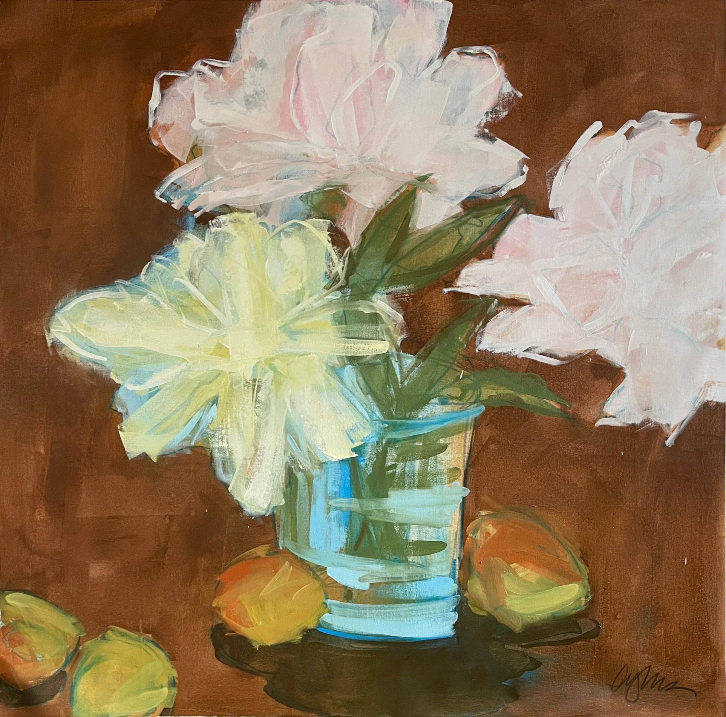 peonies + apricots 46 x 46 oil/wax pastel on canvas (coming soon)