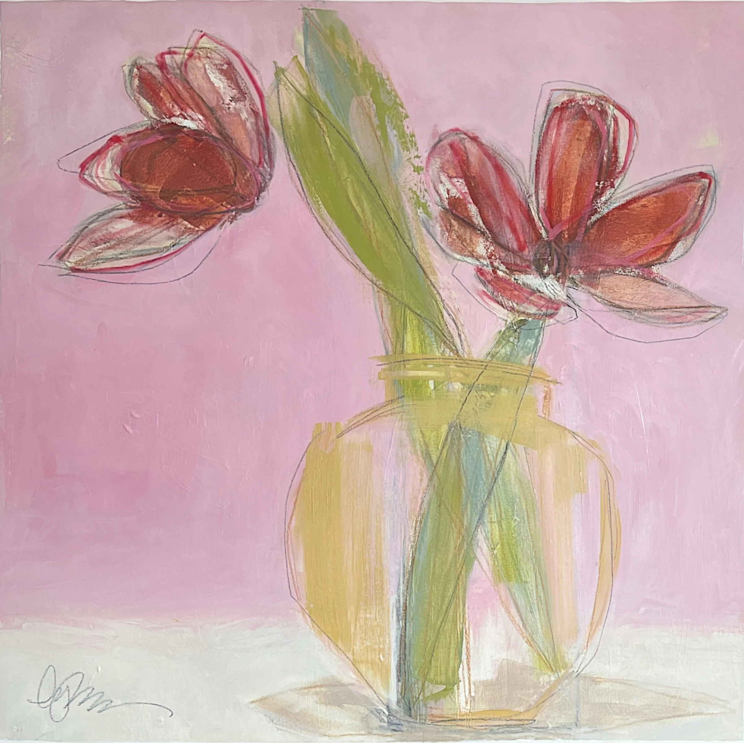 two tulips 36 x 36 oil/wax pastel/graphite on canvas | Shain Gallery Charlotte NC