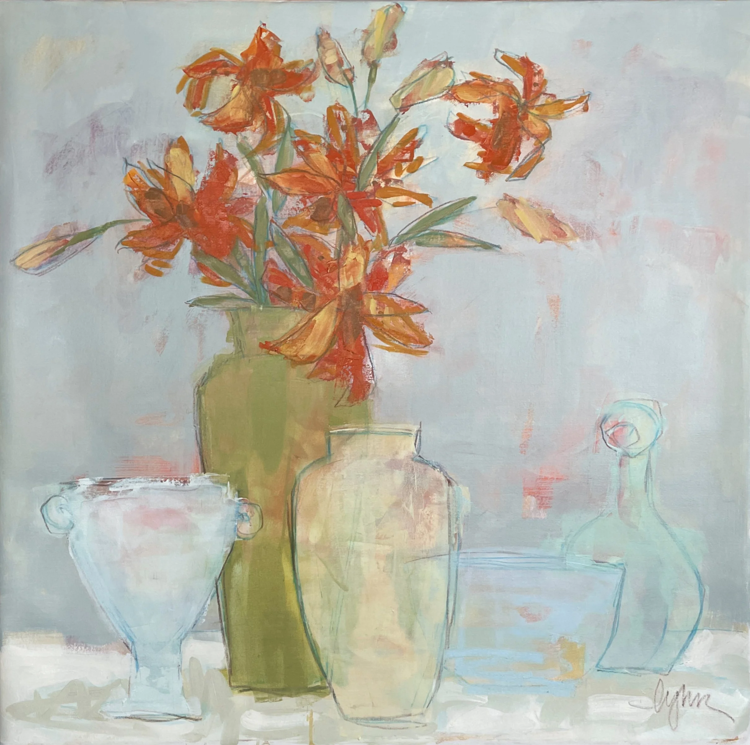 tiger + jade 48 x 48 oil/waxed pastel/graphite on canvas | Anne Irwin Fine Art Atlanta GA