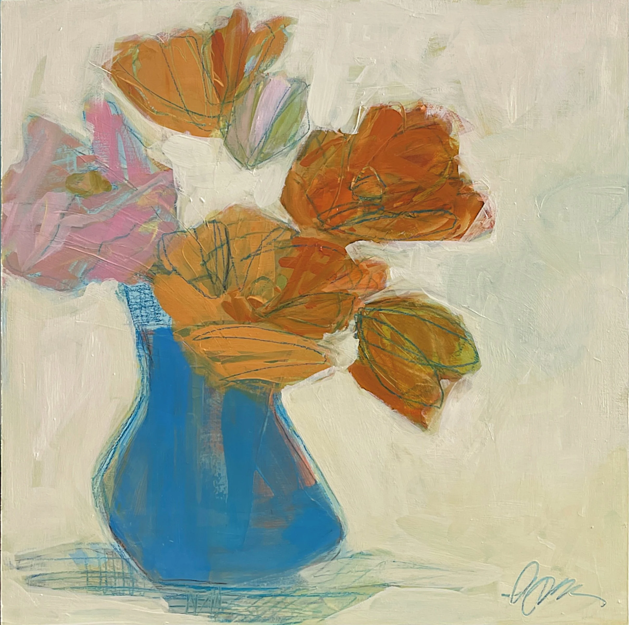 poppy + cerulean 24 x 24 oil/wax pastel on cradled birch panel | Shain Gallery Charlotte NC