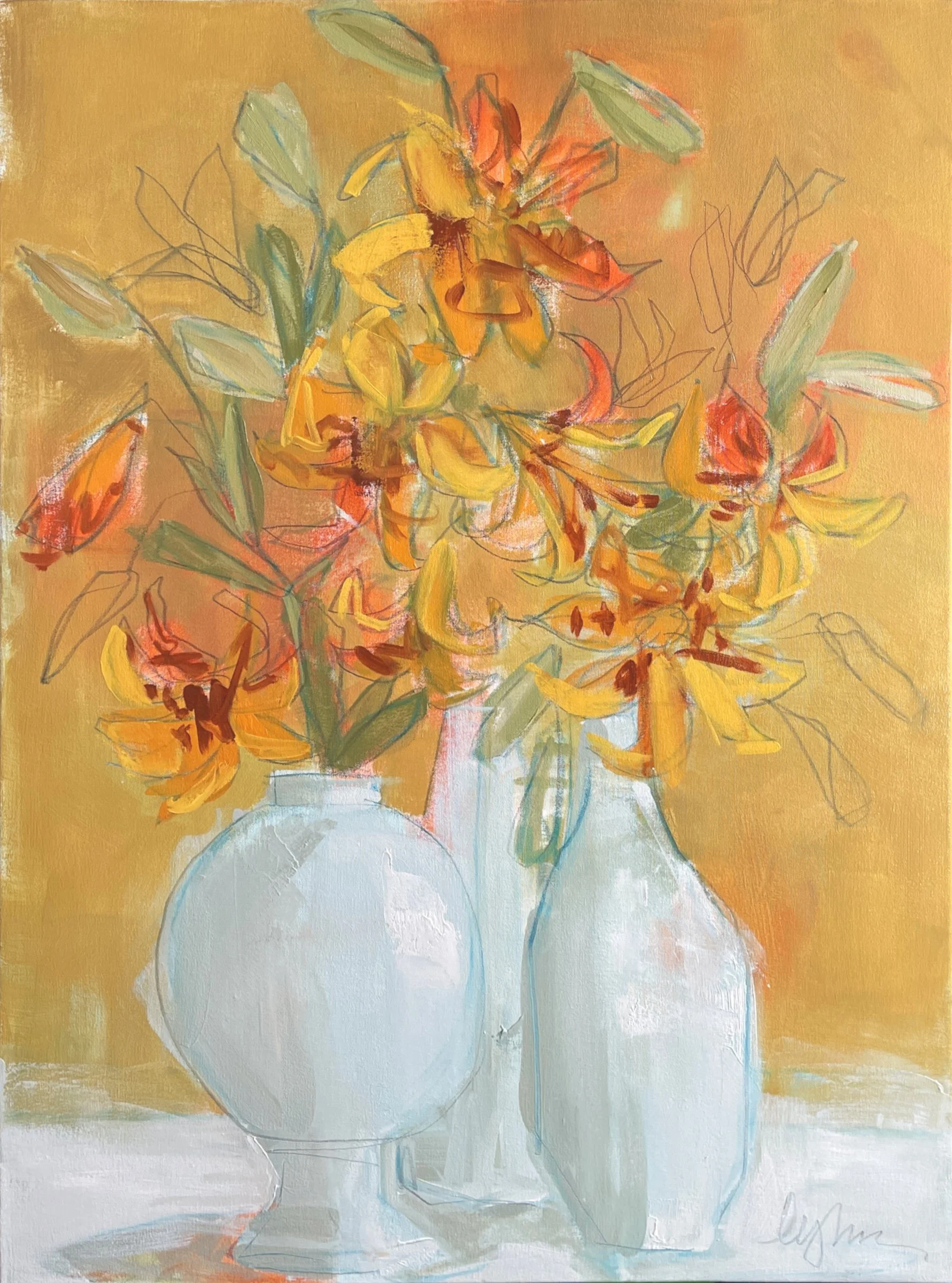 tiger + celadon 40 x 30 oil/waxed pastel/graphite on canvas | Anne Irwin Fine Art Atlanta GA