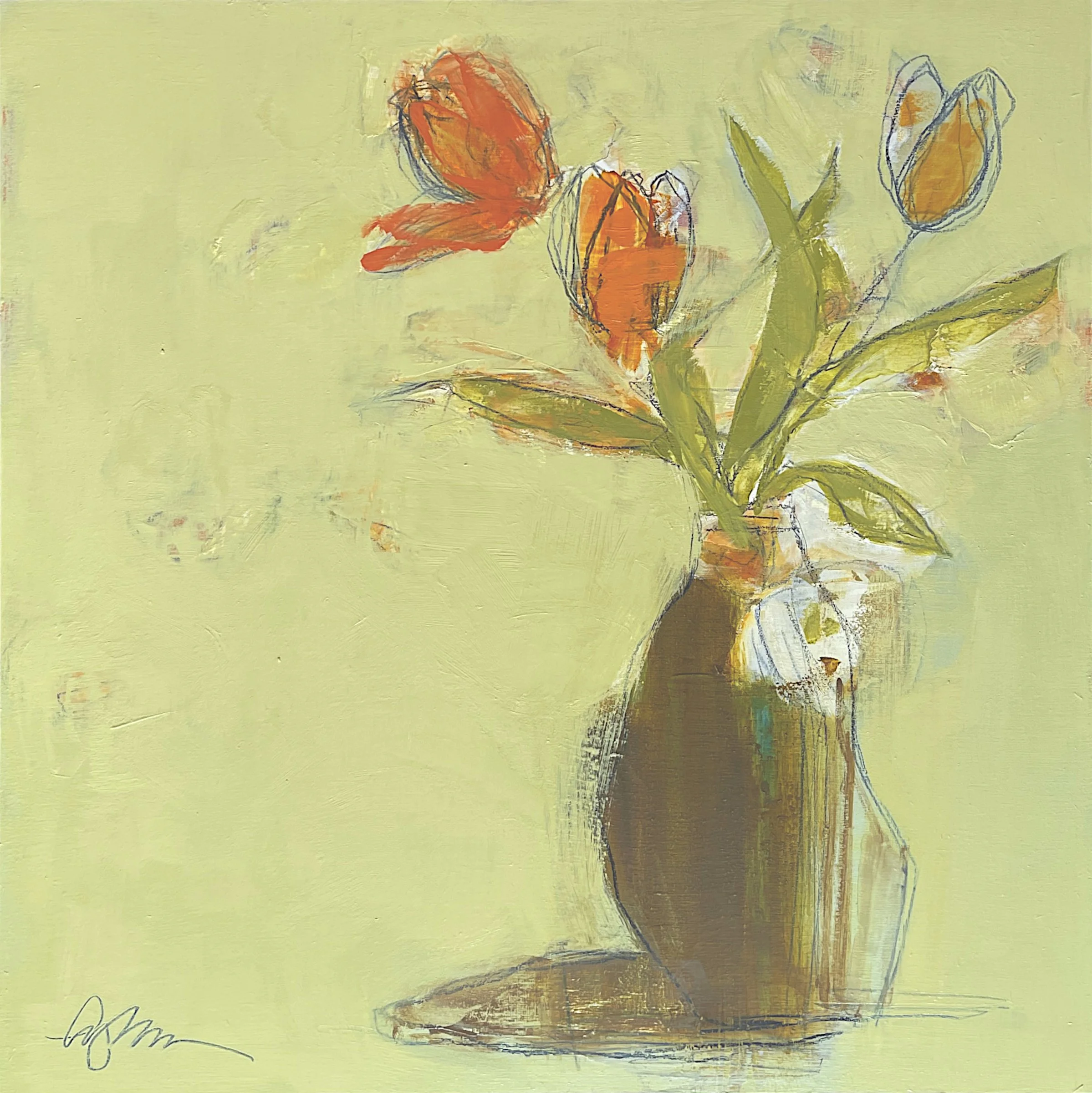tulips dutch brown 24 x 24 oil/waxed pastel/graphite on cradled birch panel | Anne Irwin Fine Art Atlanta GA