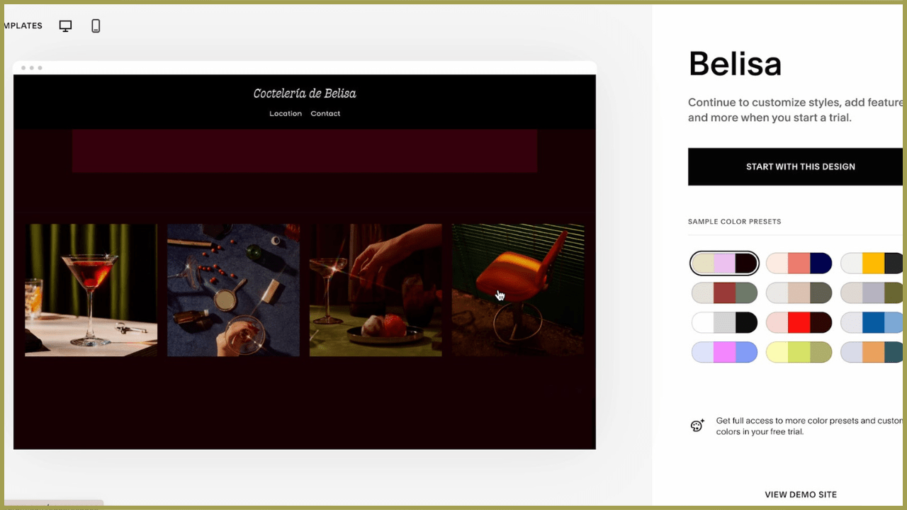 The Belisa template on squarespace featuring a moody cocktail bar website