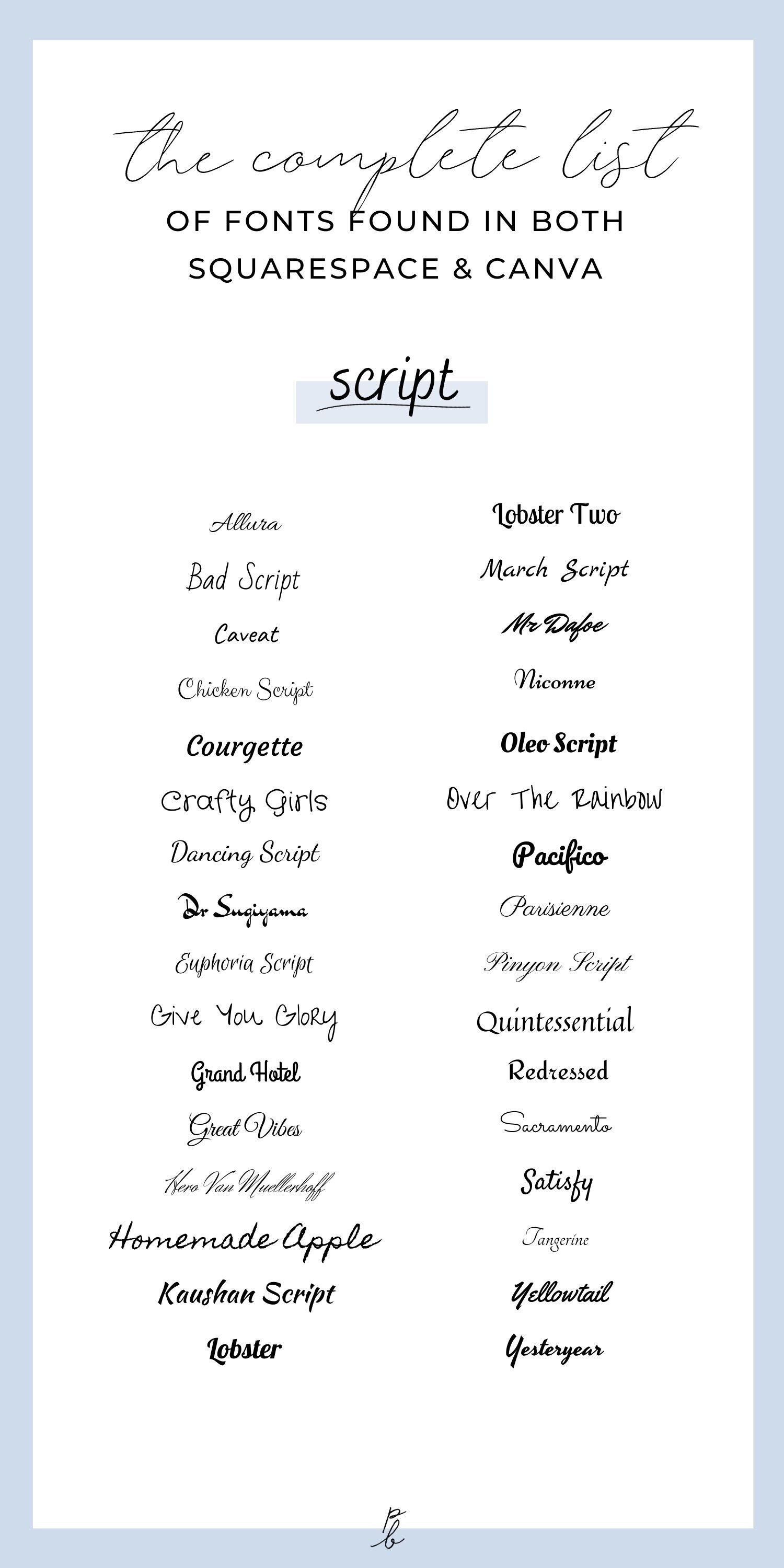 Complete list: All fonts that are in both Squarespace & Canva — Paige  Brunton | Squarespace web designer courses