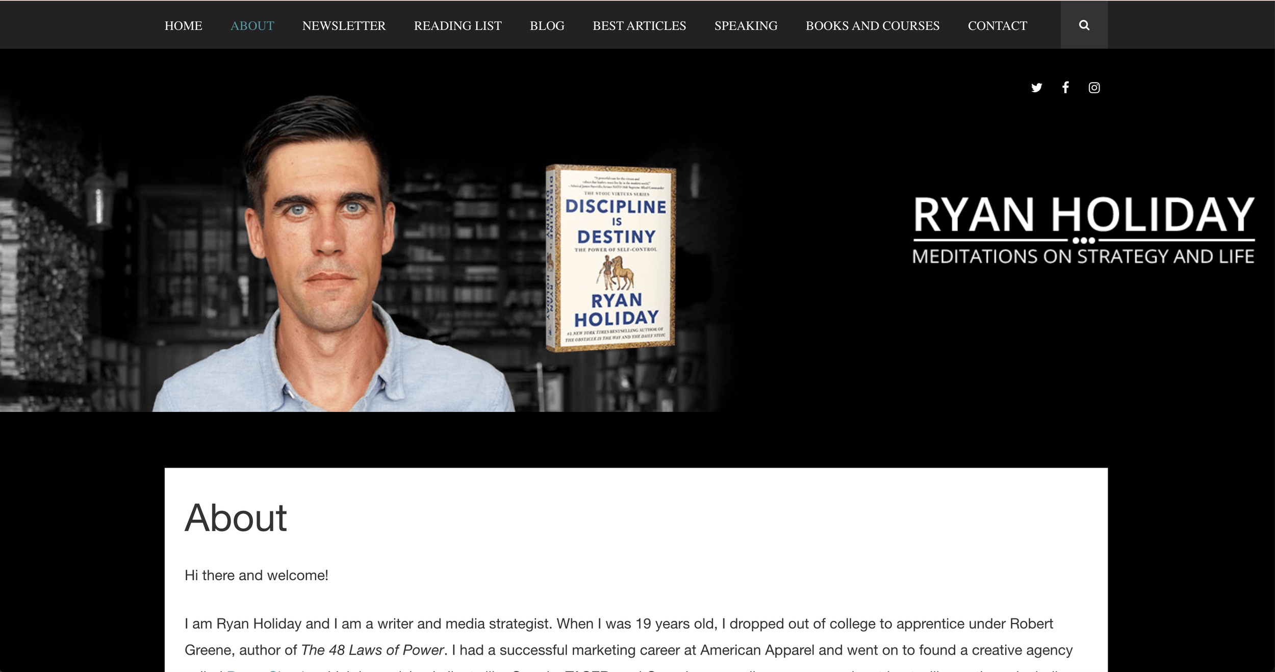 Ryan Holiday's website as an example of a crowded homepage