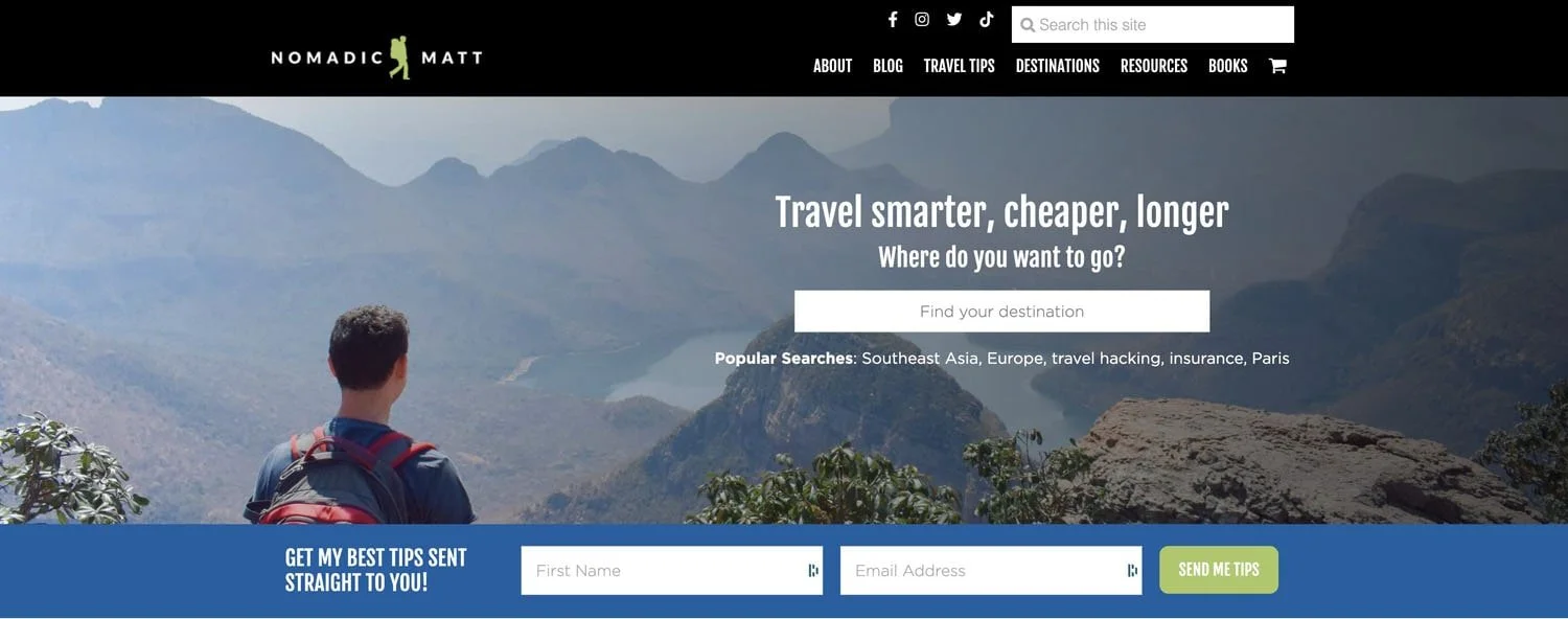 Nomadic matt website example of full width banner