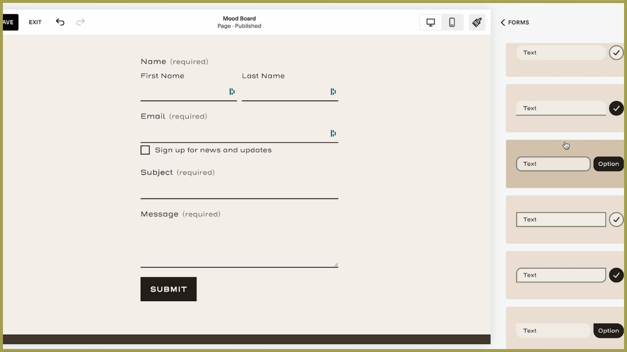 Choosing a form style and  colors on squarespace