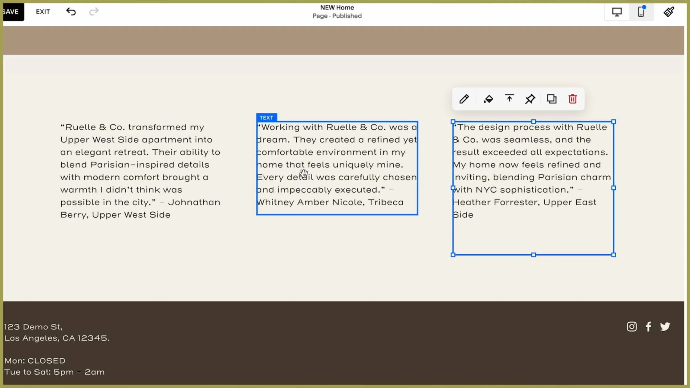 Brown toned squarespace hoempage with example testimonial formatting